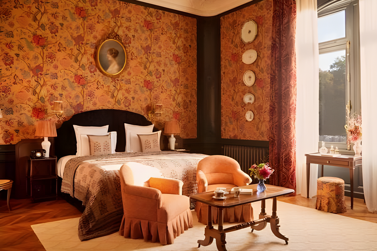 a fancy hotel room with pink floral wallpaper and two plush tangerine upholstered chairs
