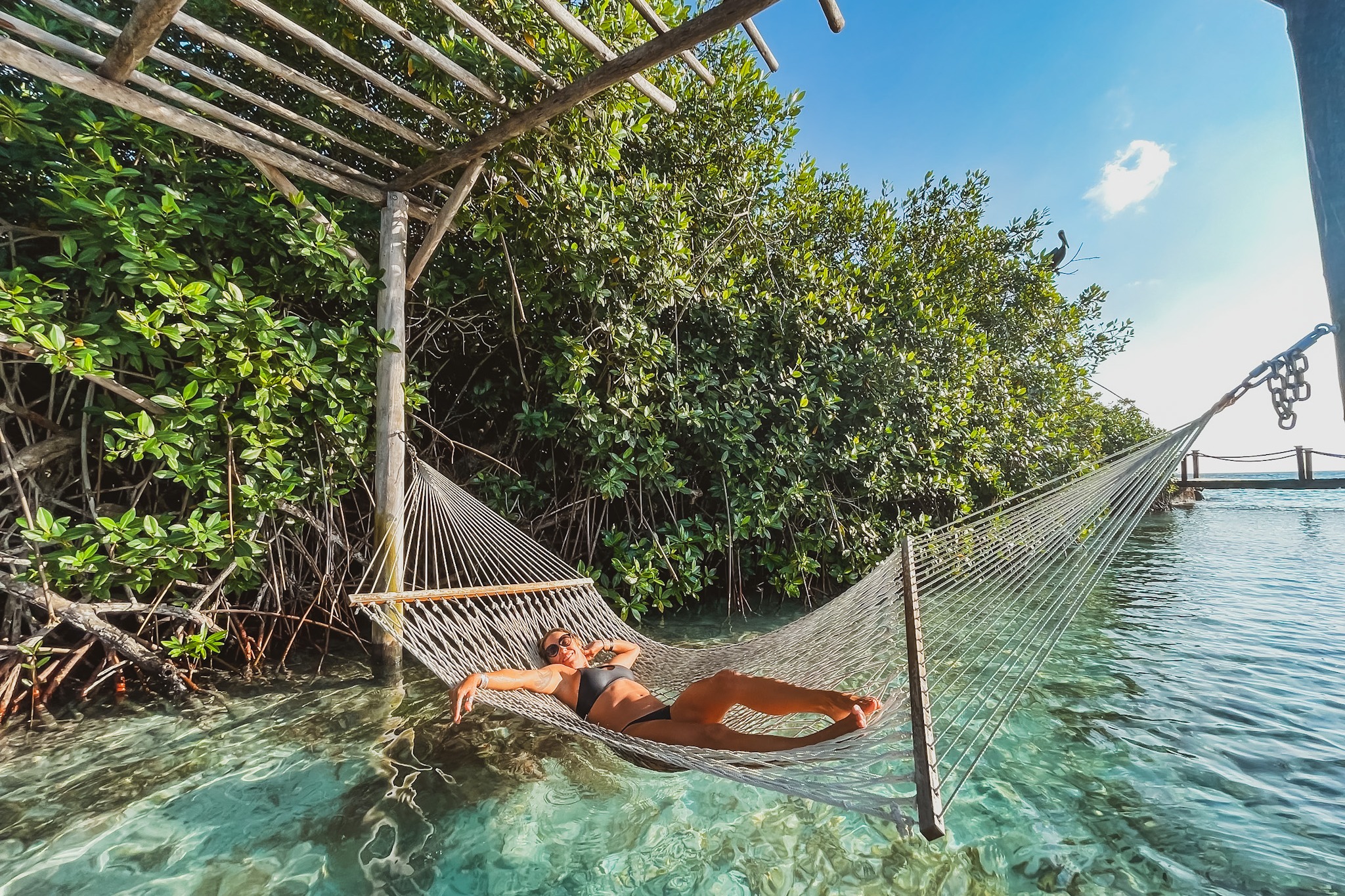 A person relaxing in a hammock over the water during the daytime