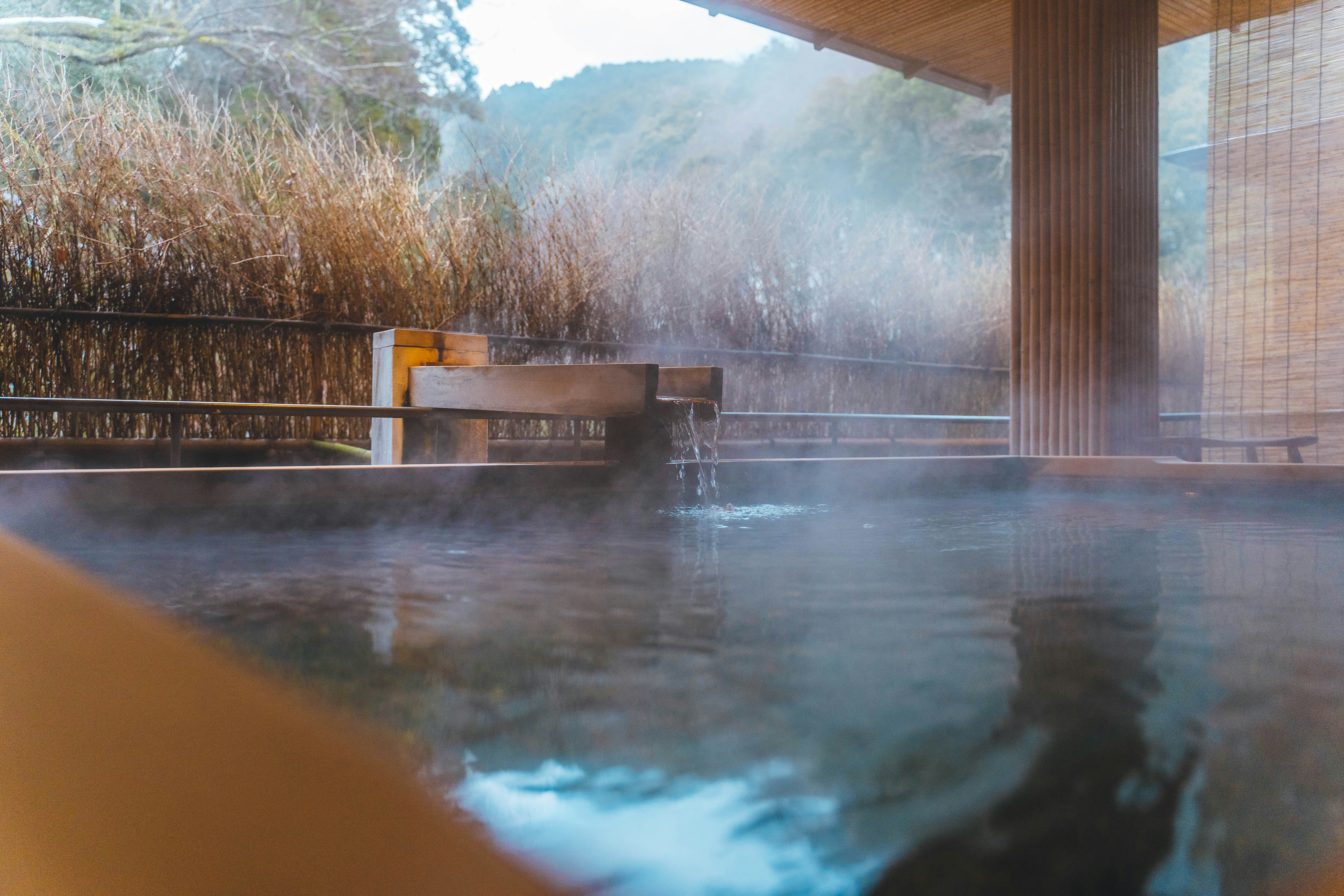 This image shows up a close-up view of a pool with steam rising from it, with trees and greenery in view.
