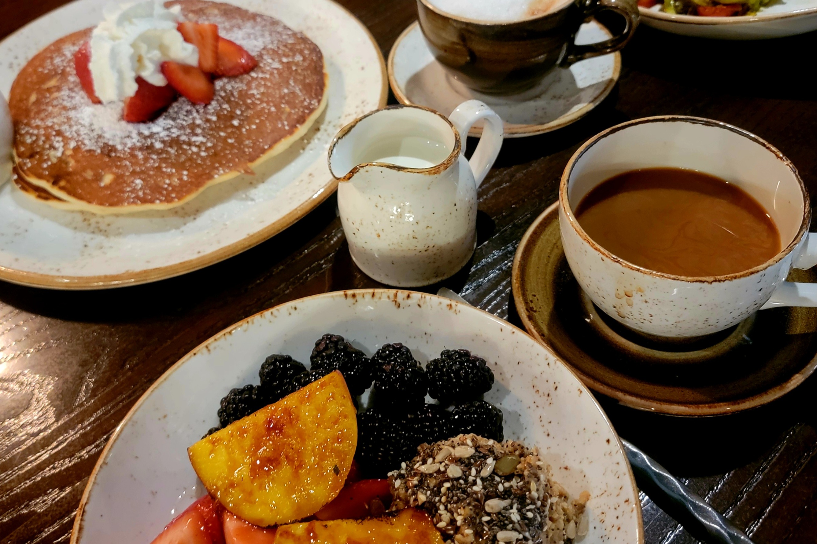Plates of breakfast food and cups of coffee on a table