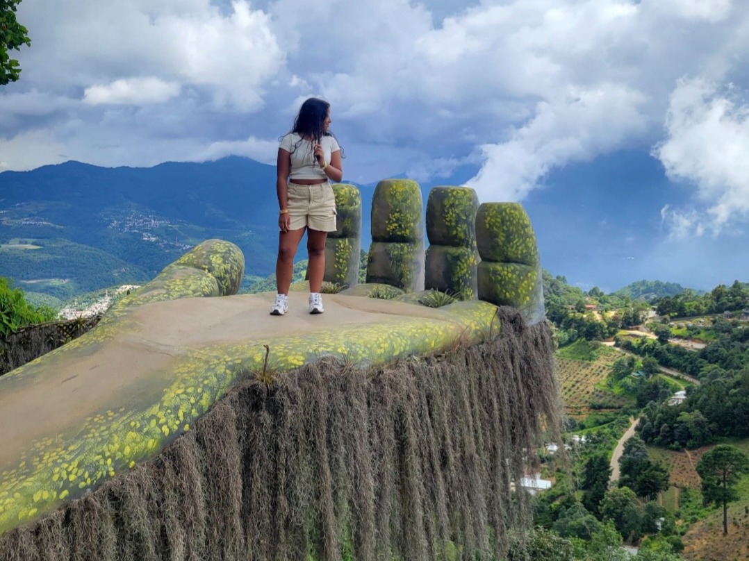 A person stands on the edge of a high cliff with unique rock formations, overlooking a lush green valley under a cloudy sky.
