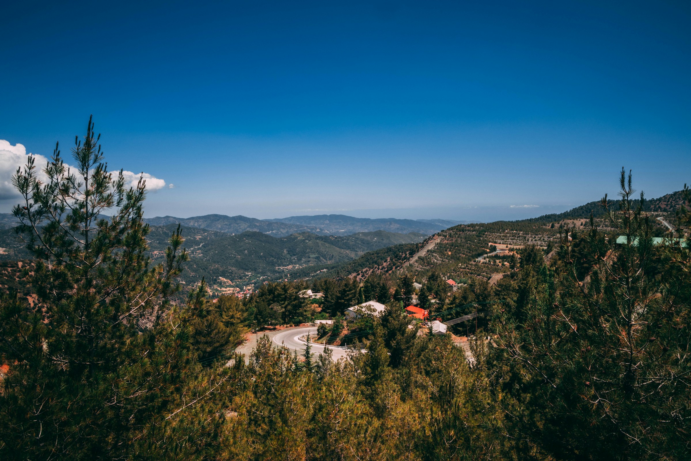 Landscape view from Troodos Mountains, overlooking a forest and a mountain range in the distance on a mostly clear blue day.