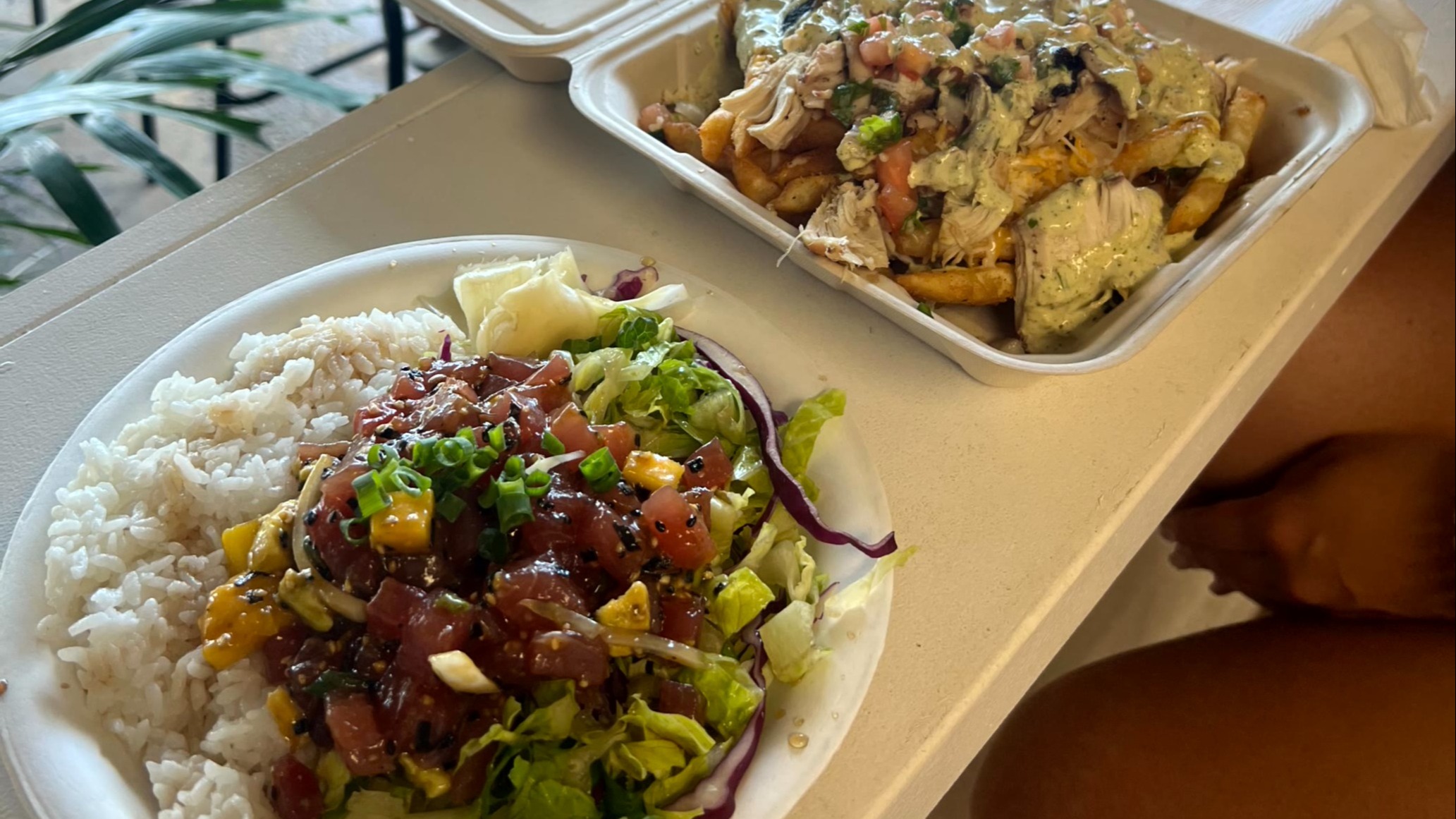Two plates of food on a table with a person in the background, suggest an outdoor dining experience.