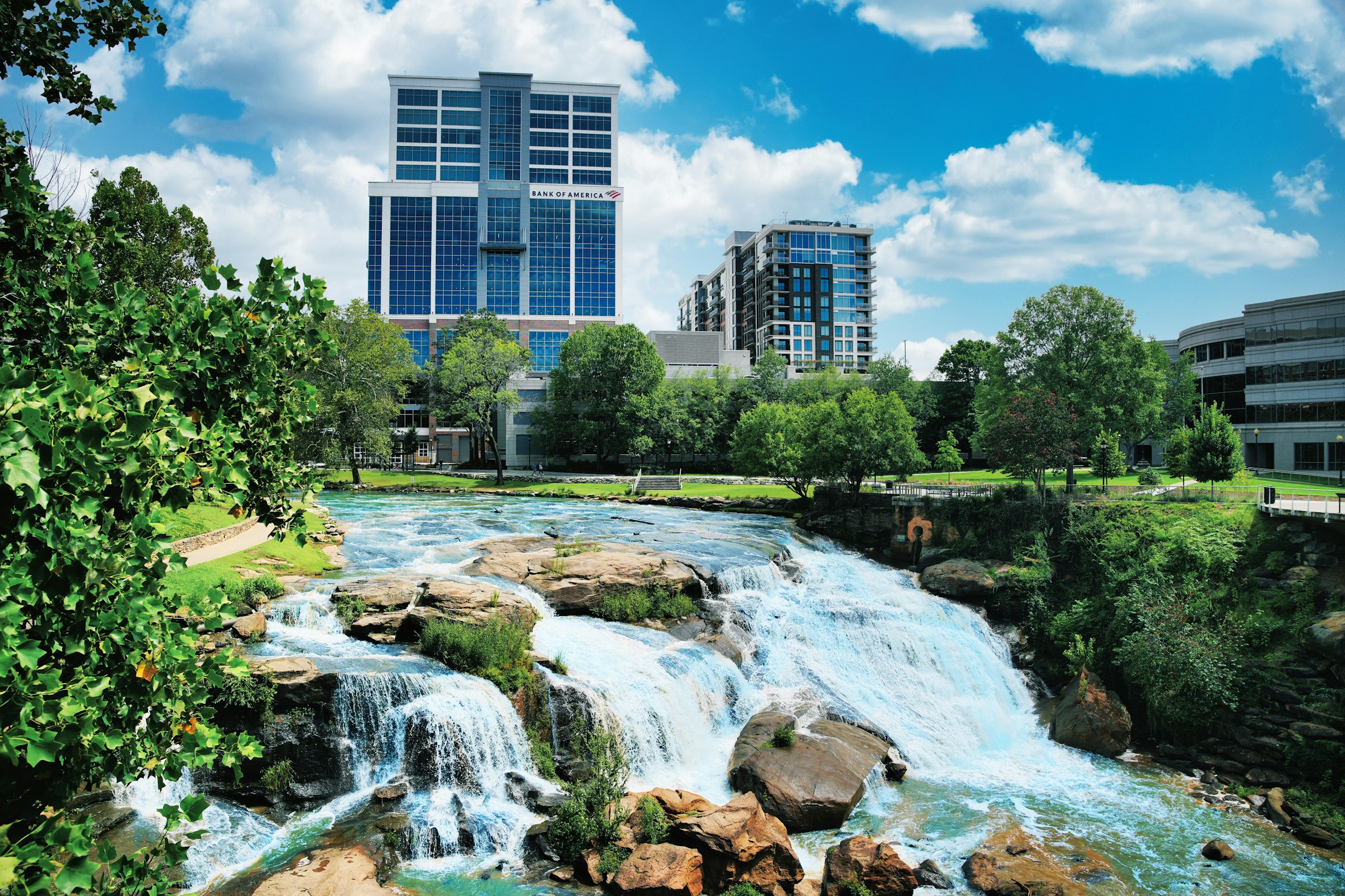 A waterfall in the middle of Falls Park on the Reedy.