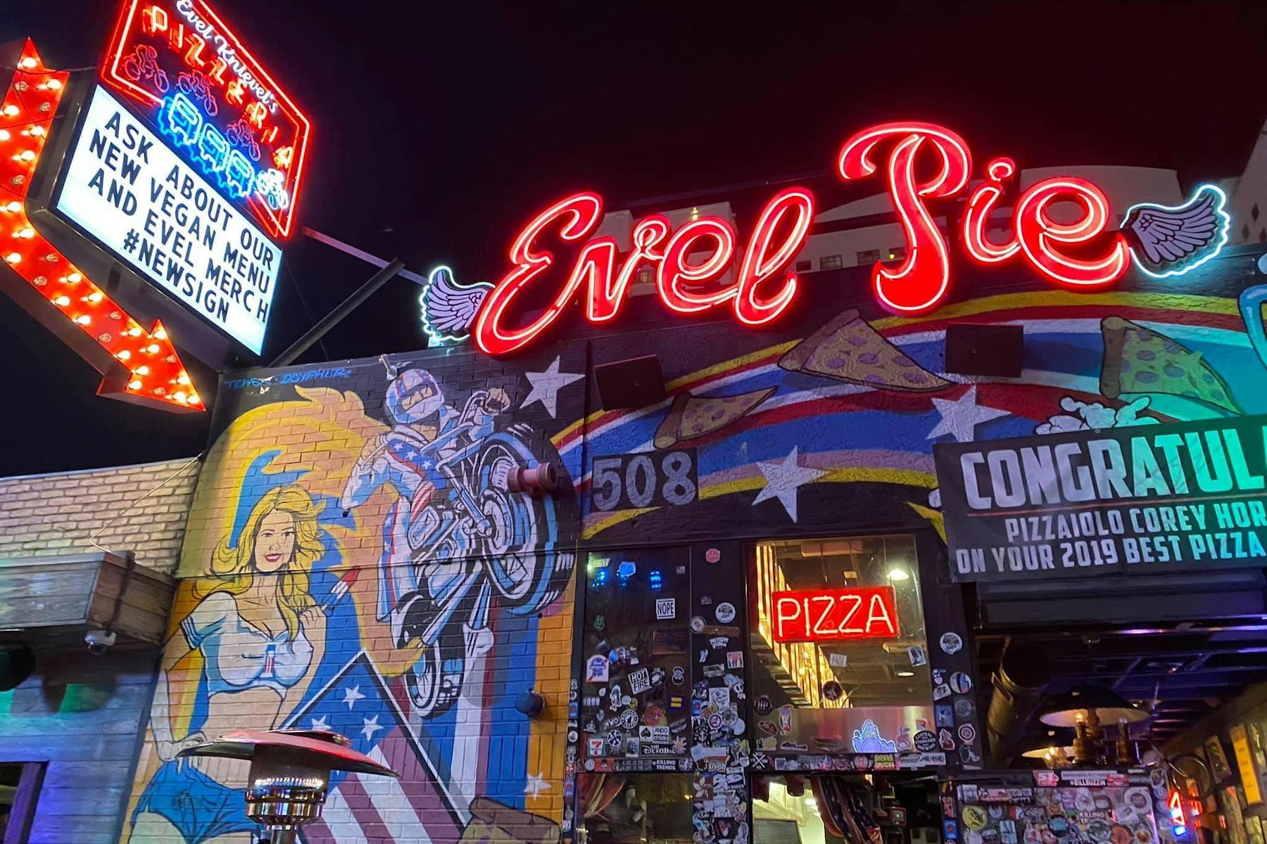 Evel Pie is a vibrant pizza restaurant in Las Vegas.