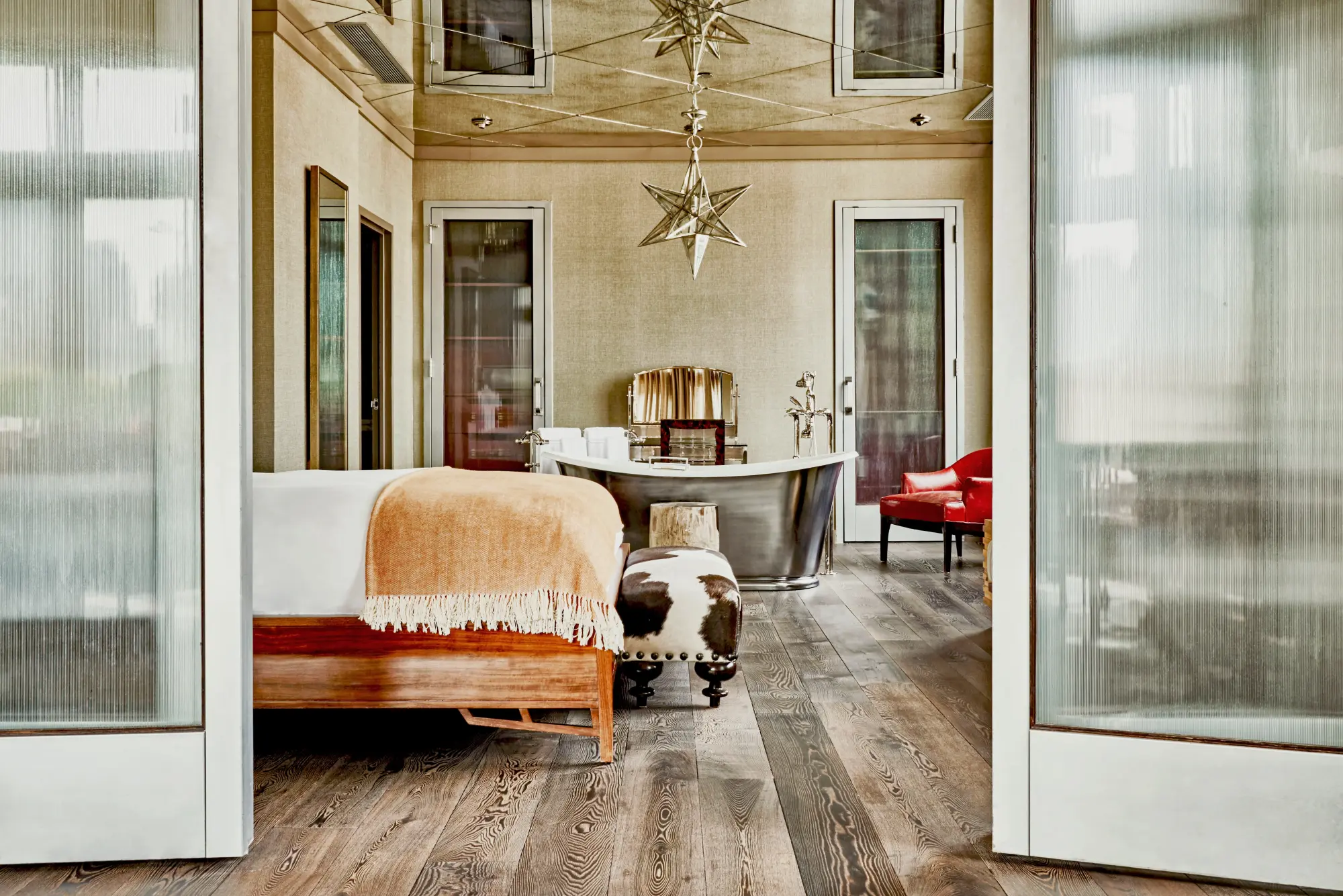 Spacious suite with rustic, trendy decor and hardwood floors