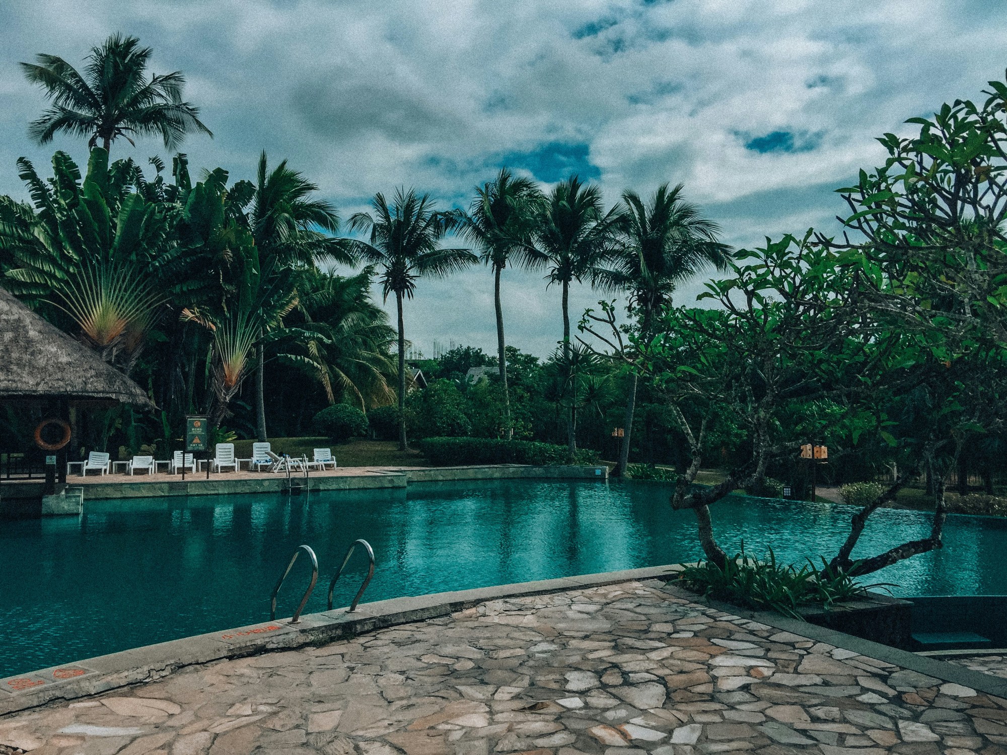 The pool is lined with loungers and lush palm trees set against the sky on a cloudy day.