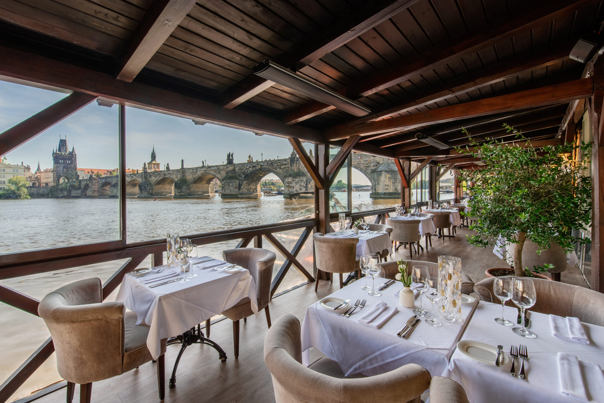 Dine at Kampa Park, stunningly located by the water's edge, next to Charles Bridge.