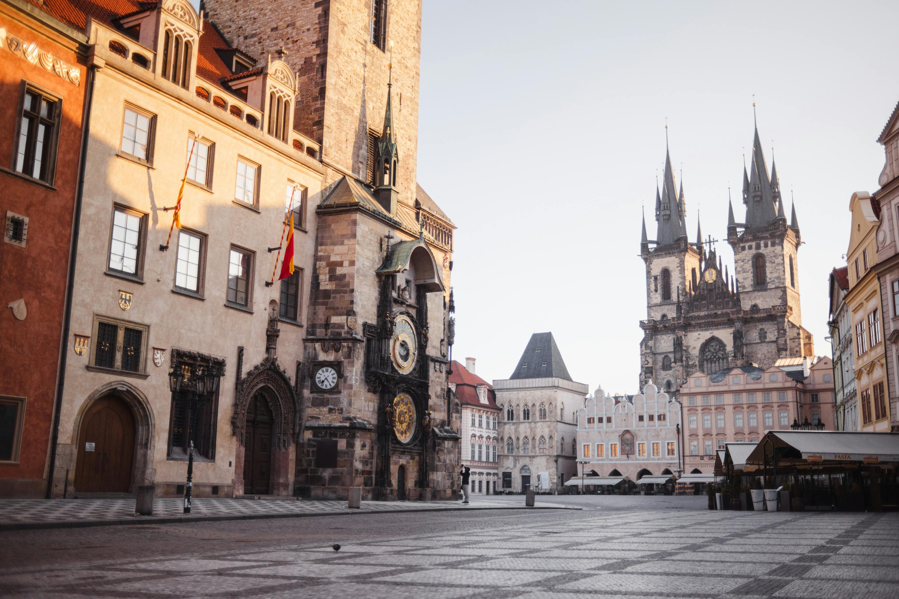 Old Town Square in Prague features Gothic, Baroque and Renaissance architecture, including the iconic Astronomical Clock and Týn Church.
