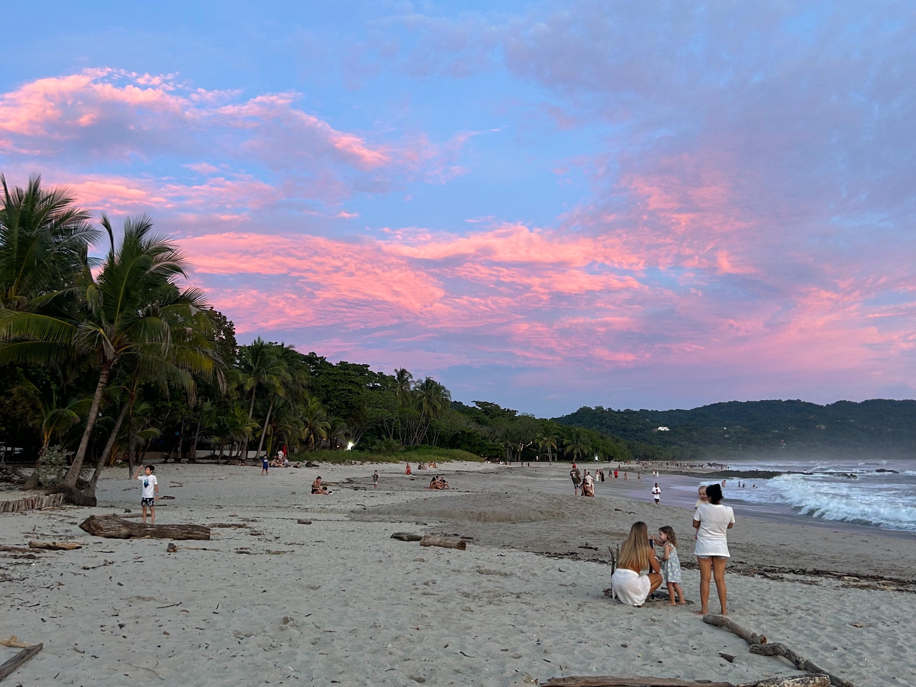 A beach scene at dusk with people and palm trees under a sky with pink-hued clouds.