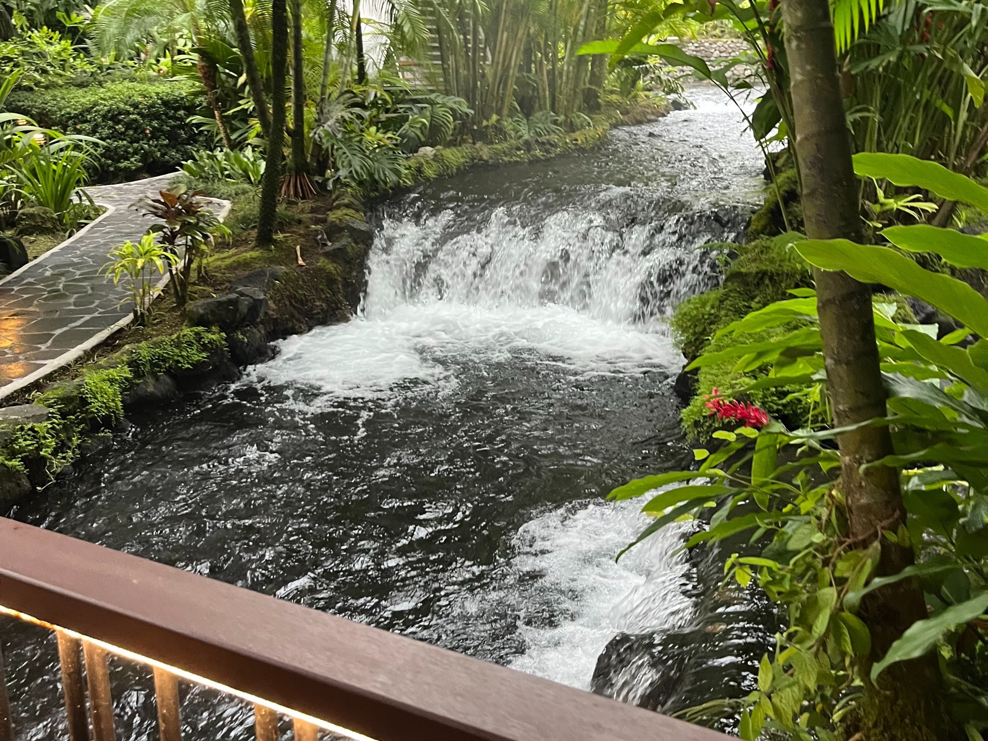 A view of Tabacon Thermal Springs from a bridge looking down on the flowing water with lush greenery surrounding it during the day.