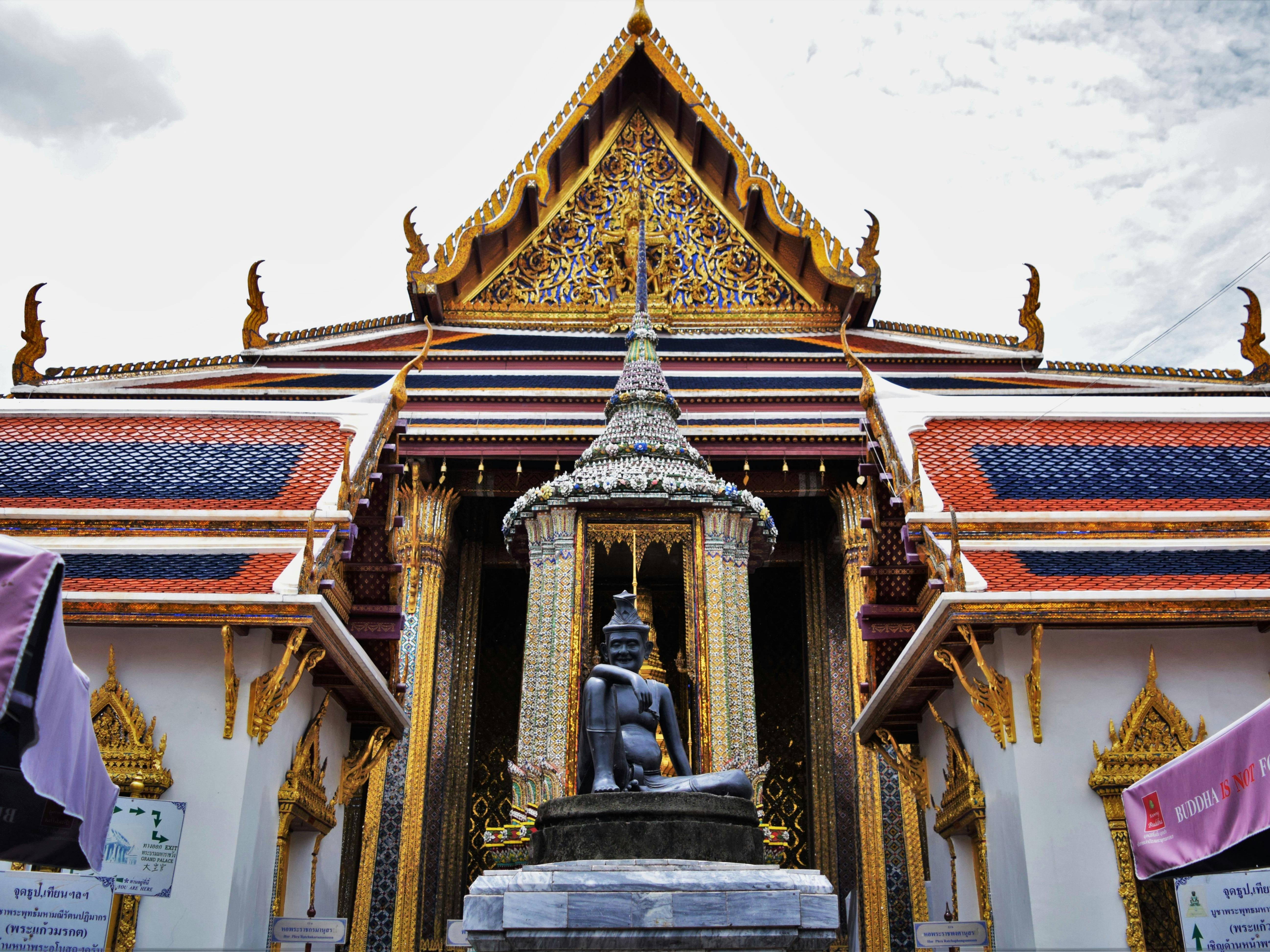A large, ornate temple with a statue in front stands under a cloudy sky.