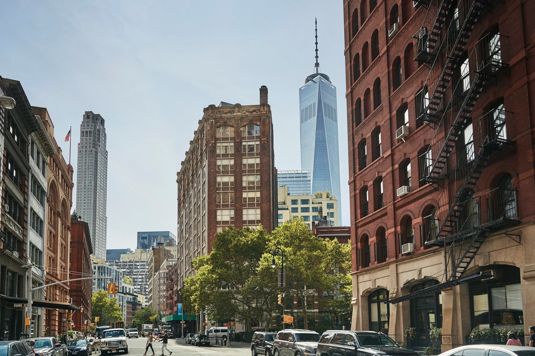 A small section of Tribeca with the Four Seasons Hotel New York Downtown visible in the background near One World Trade Center