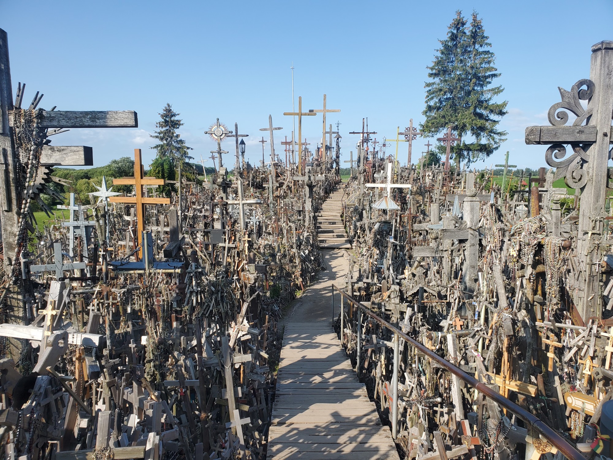 A large group of religious crosses crowding a walkway up a hill