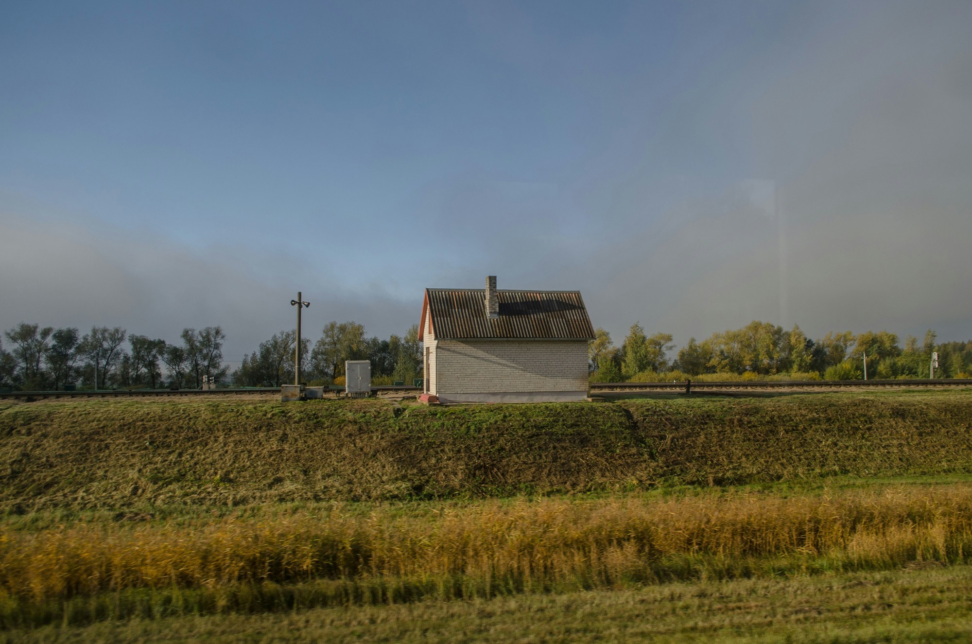 A plot of grassy land with a house in the center