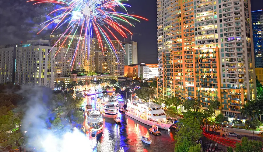 Fireworks at night in Fort Lauderdale, FL.