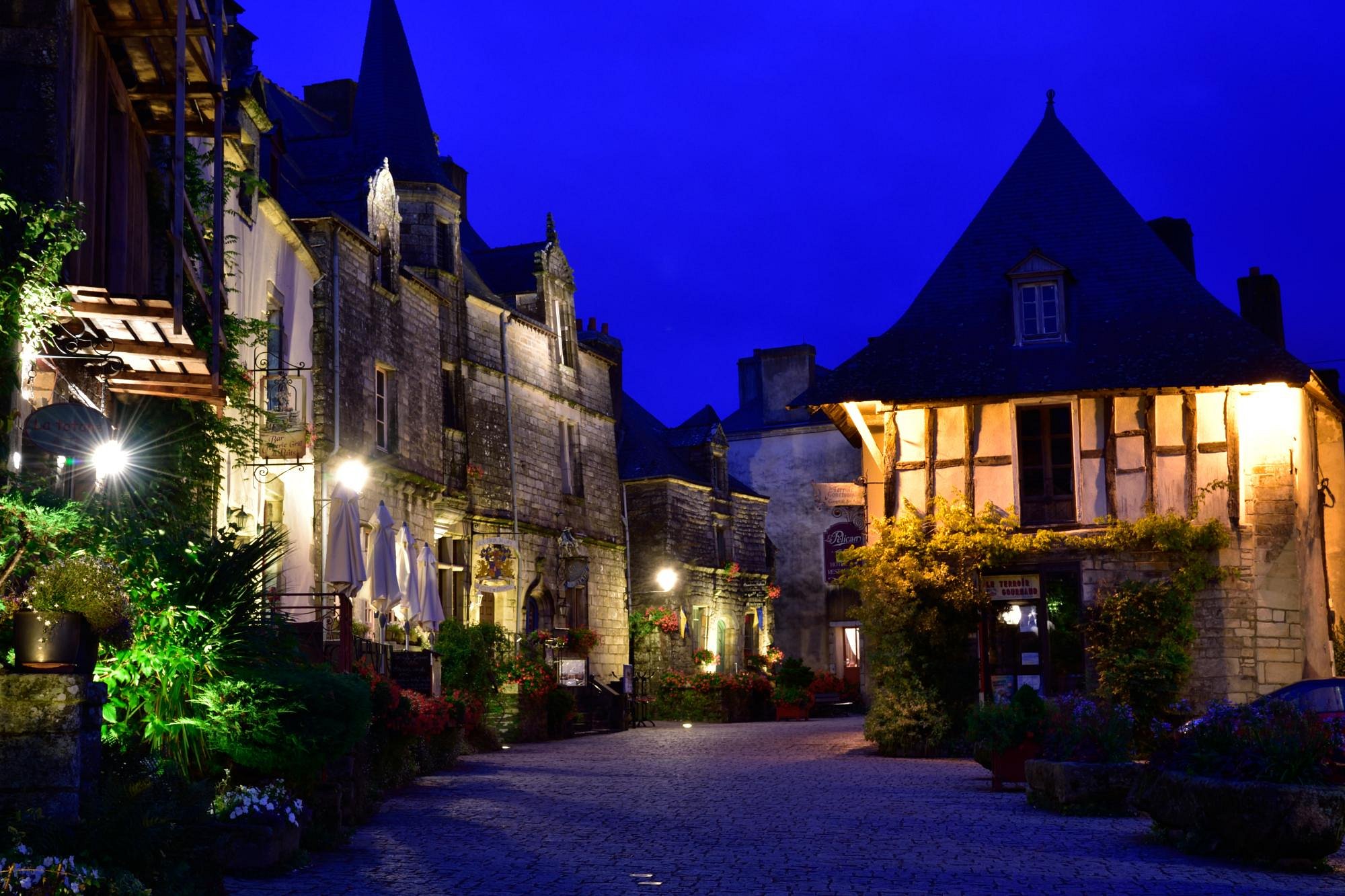 A street view of the city Rochefort-en-Terre at night, a dimly lit street lined with tall buildings and trees.