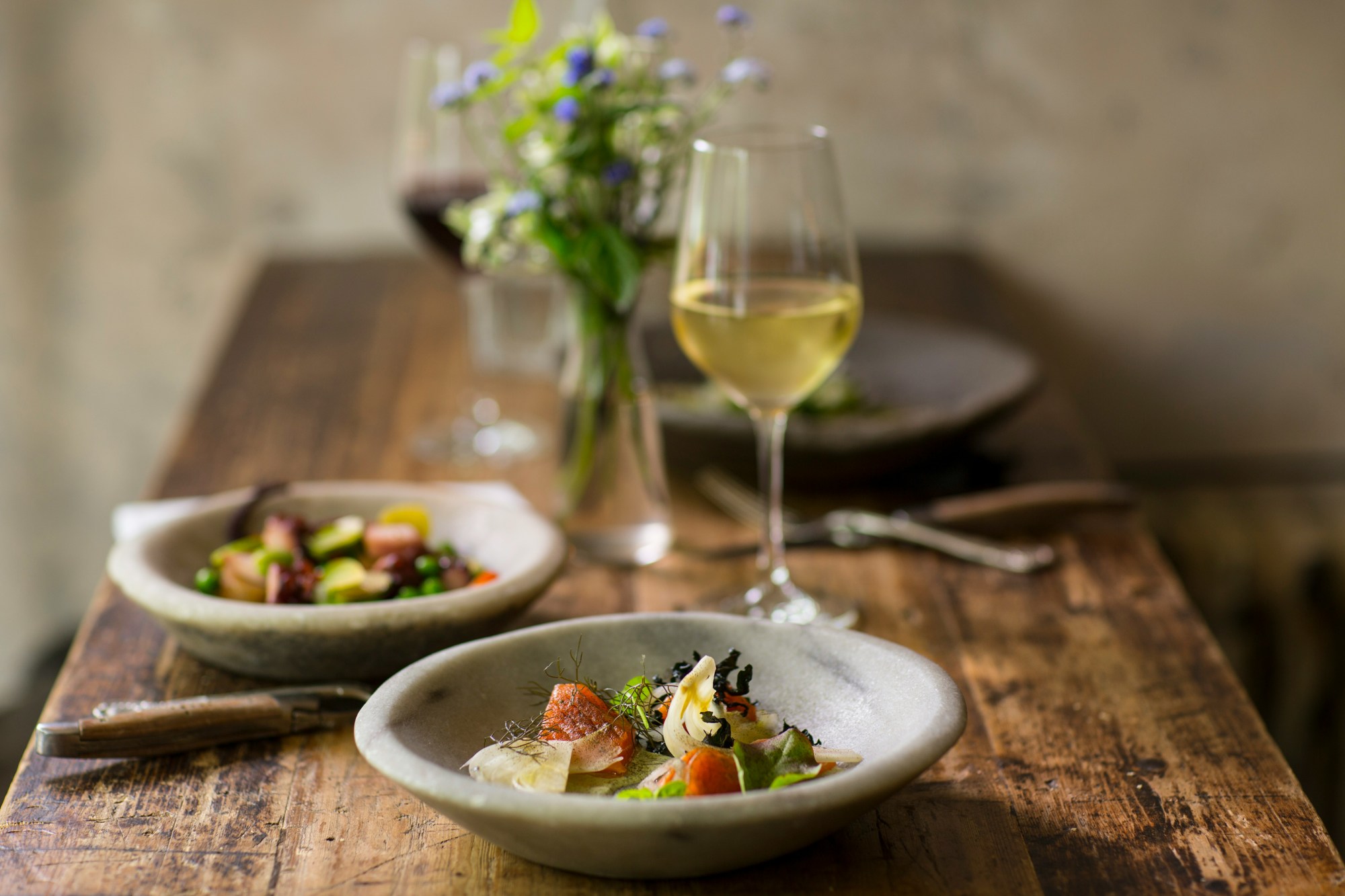 Delicacies artfully arranged on two plates with wine on a wooden table.