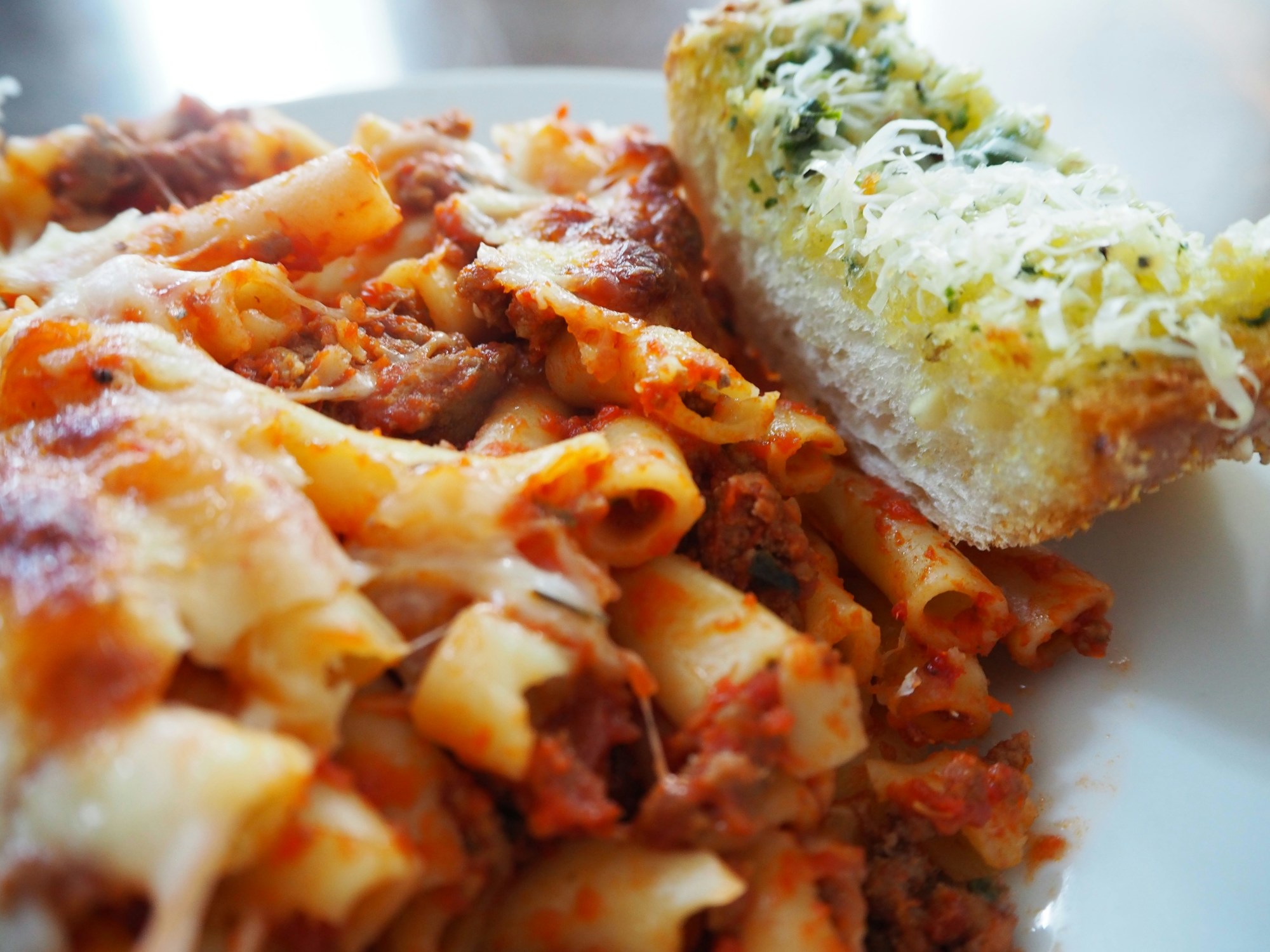 Pasta with bread in a plate.
