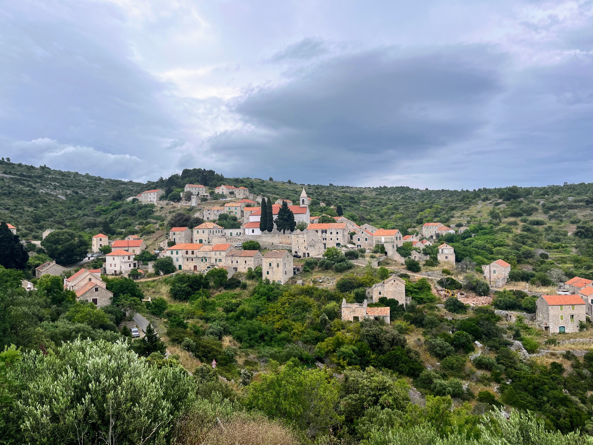 A view of town buildings in the hilly countryside surrounded by foliage on a cloudy day.