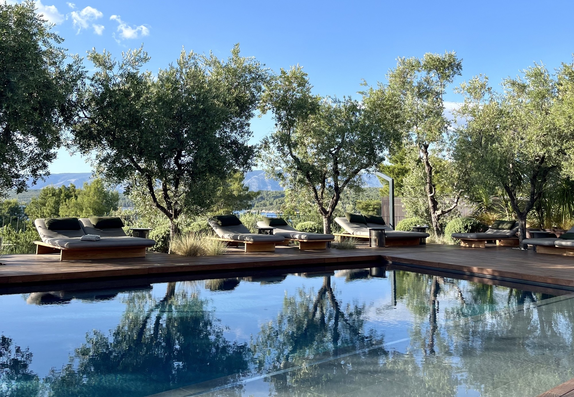 Still pool water reflect a line of trees that provide shade above double loungers on a sunny day.