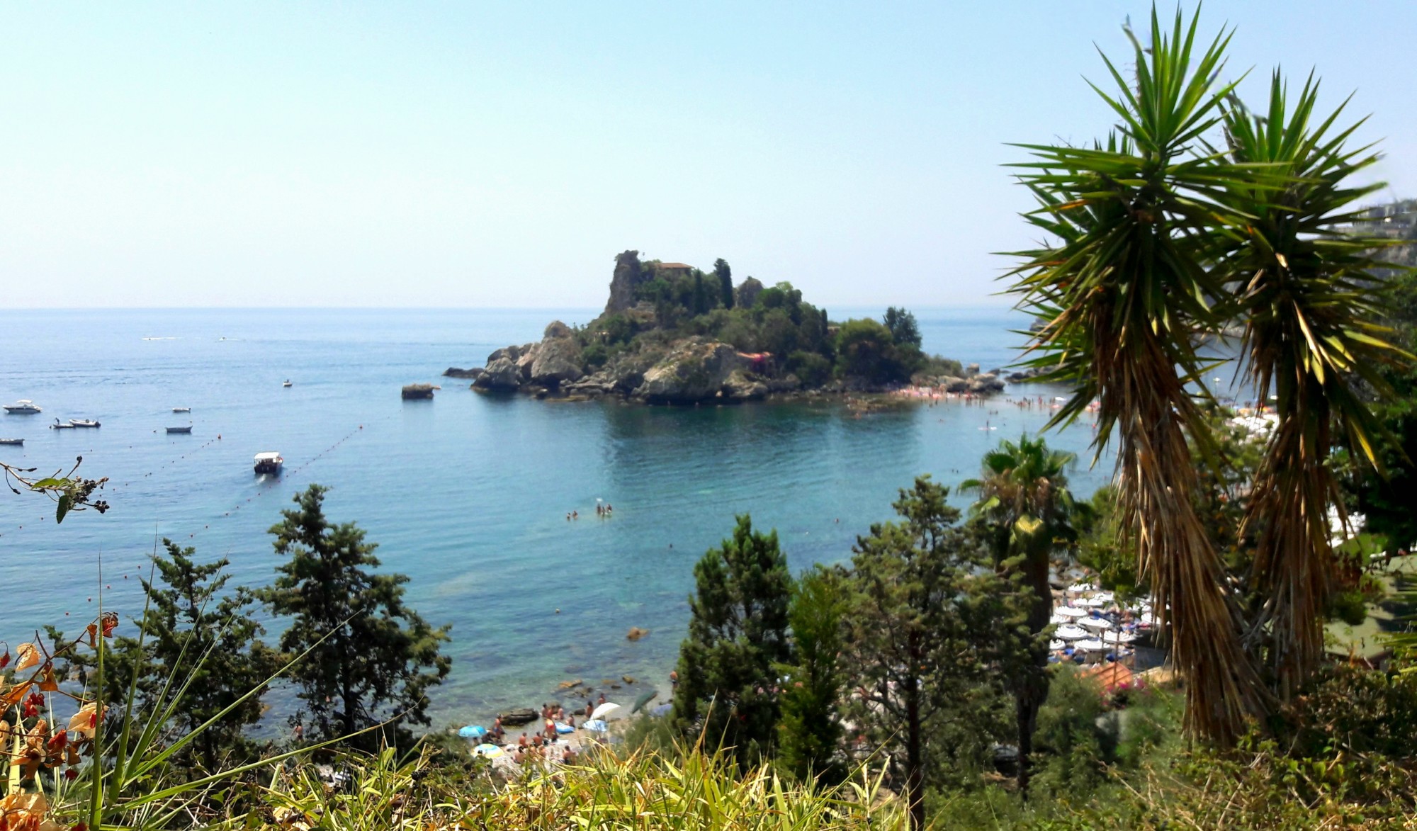 An island off the coast of Taormina, with trees on the coastline