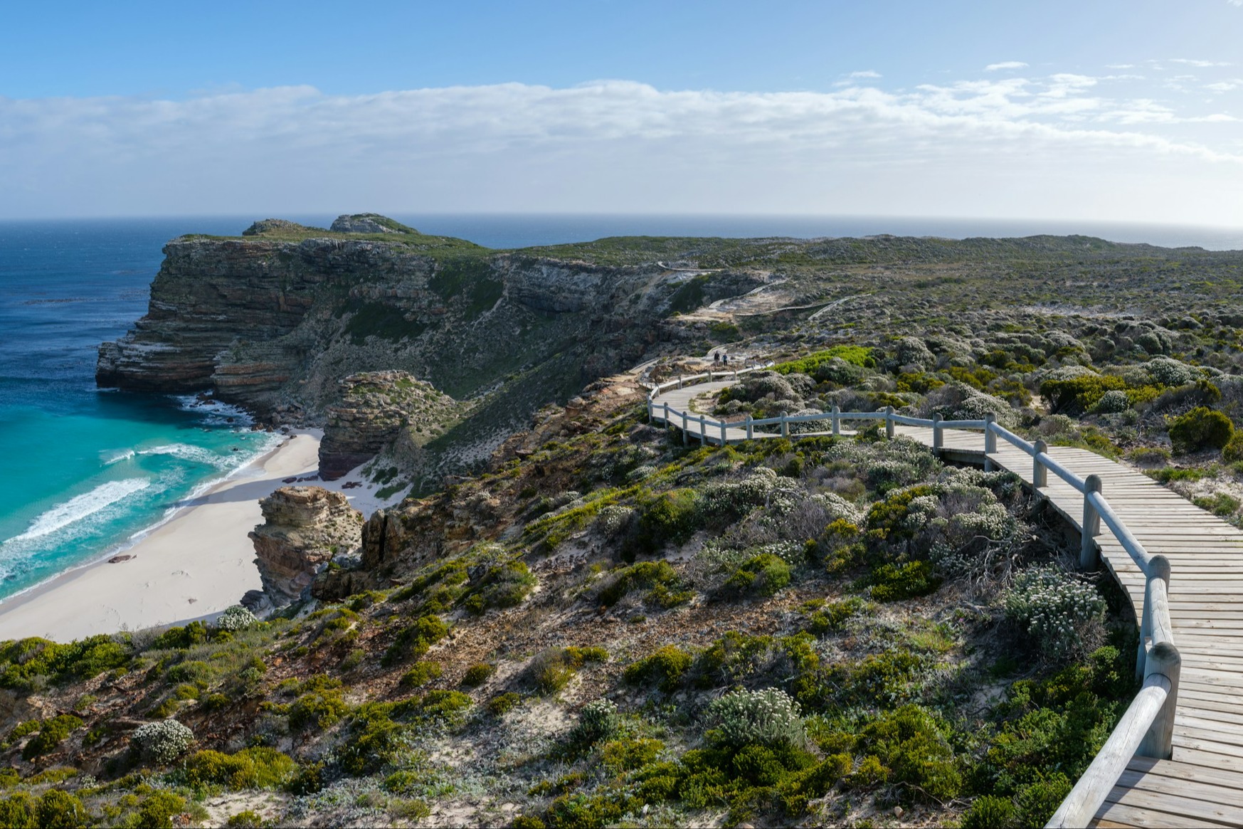Wooden walkway to the cape point when you tour Cape Peninsula, with a beautiful beach below.
