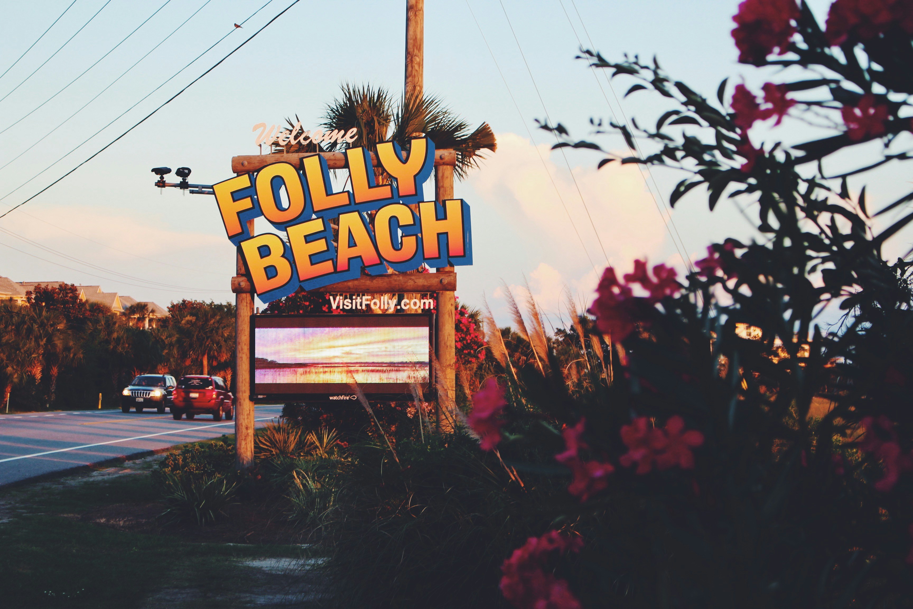 Folly Beach signage beside a road