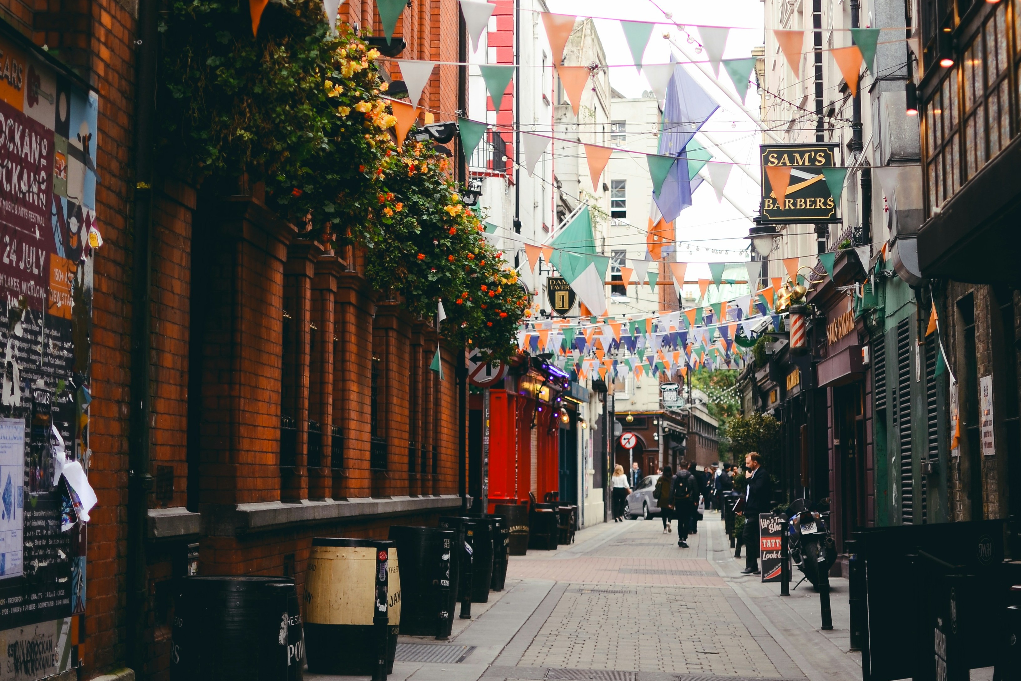 A street with brick buildings, hanging vases and flags overhead in Dublin.