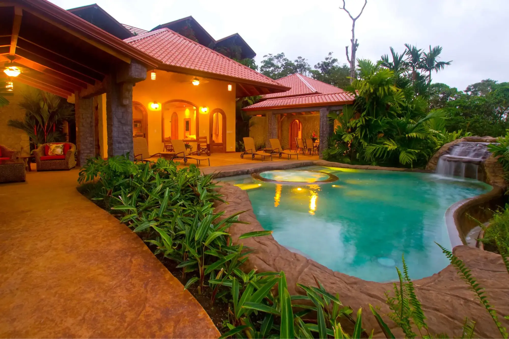 a pool deck at dusk