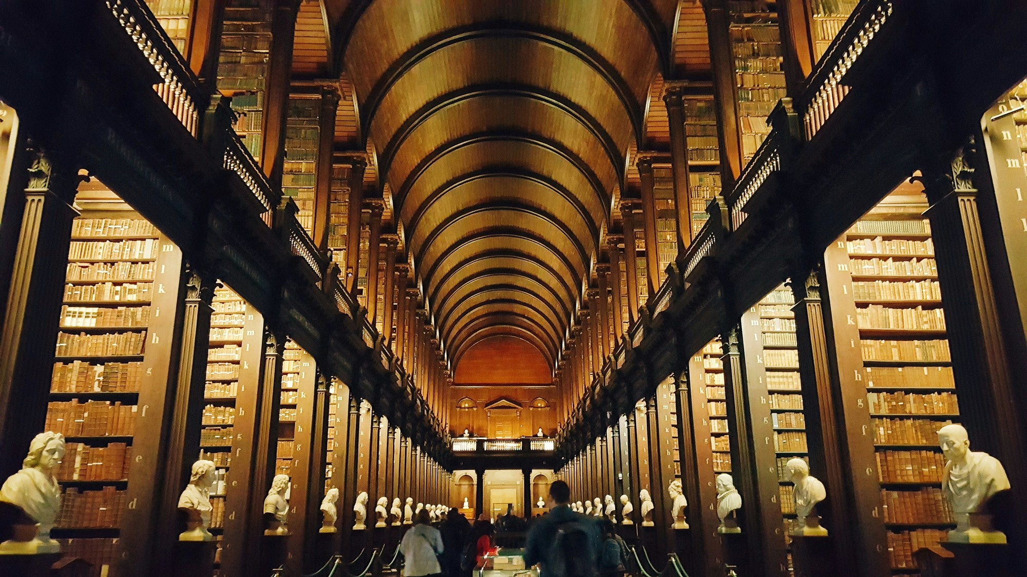The inside of Trinity College Library, with impressive wooden bookshelves, an arched ceiling and marble busts of famous thinkers.