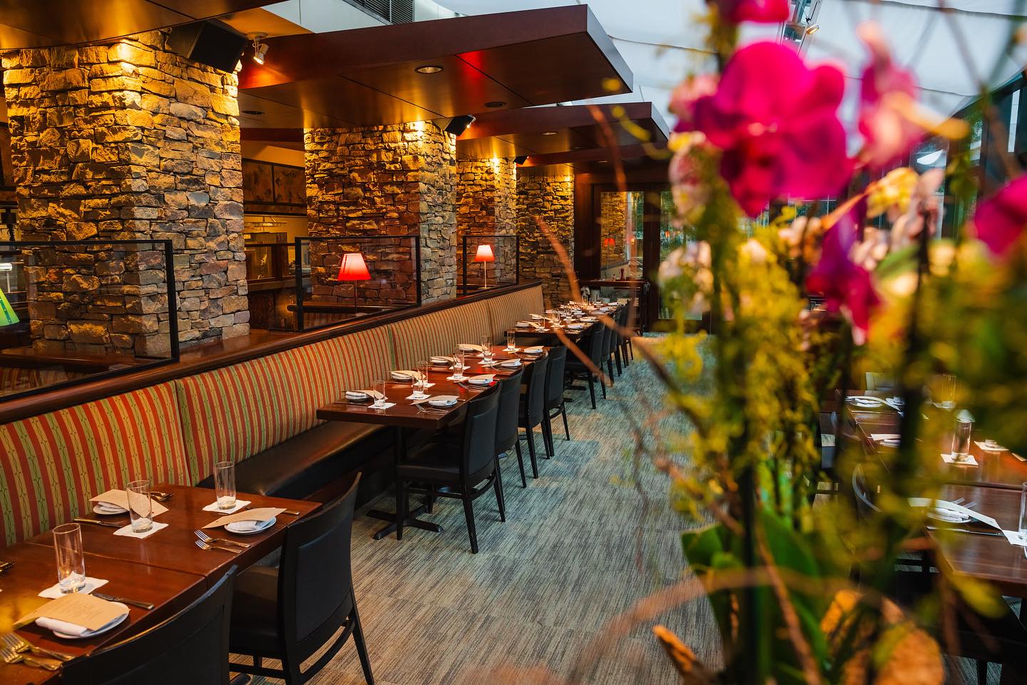 Plants and flowers adorn the dining area of Mimosa Grill.