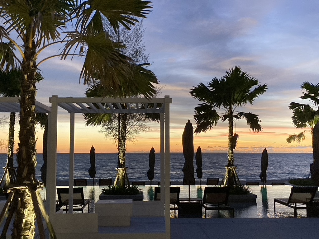 Photo taken from an outside resort deck with palm trees and the ocean in the distance.