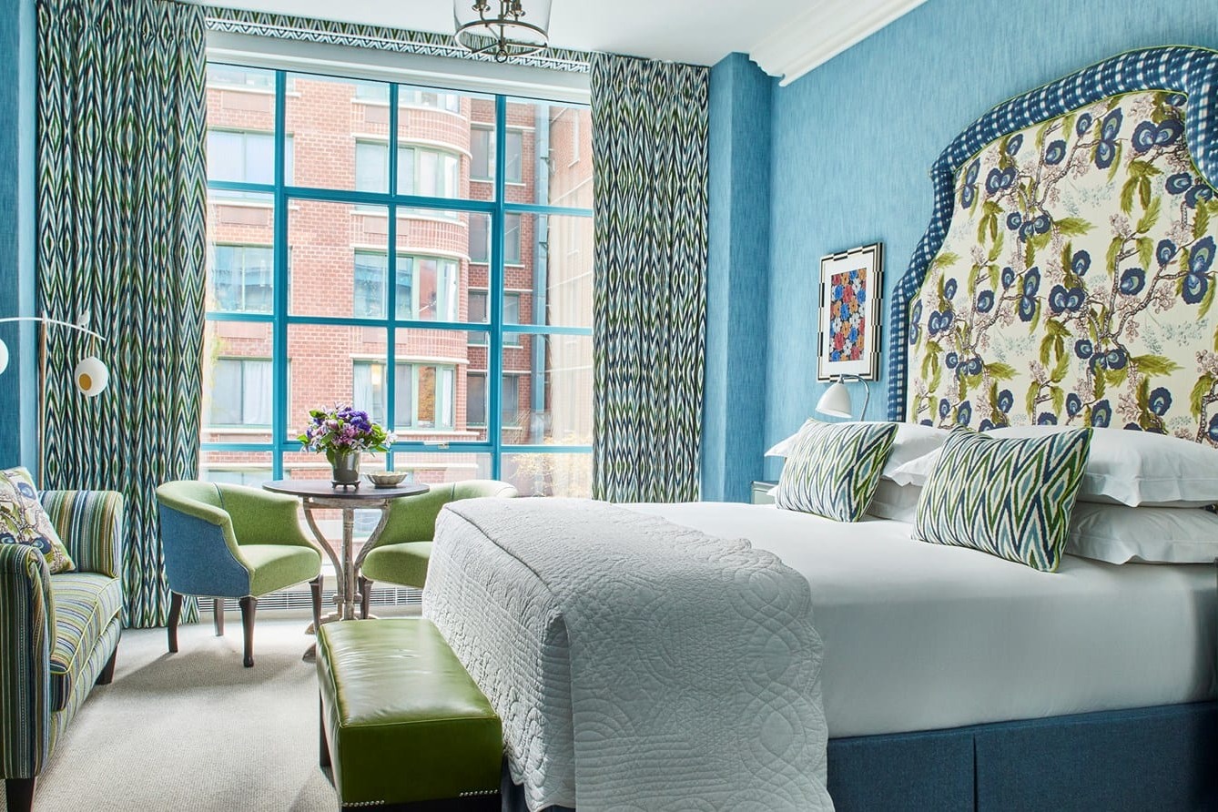 blue and green hotel interior