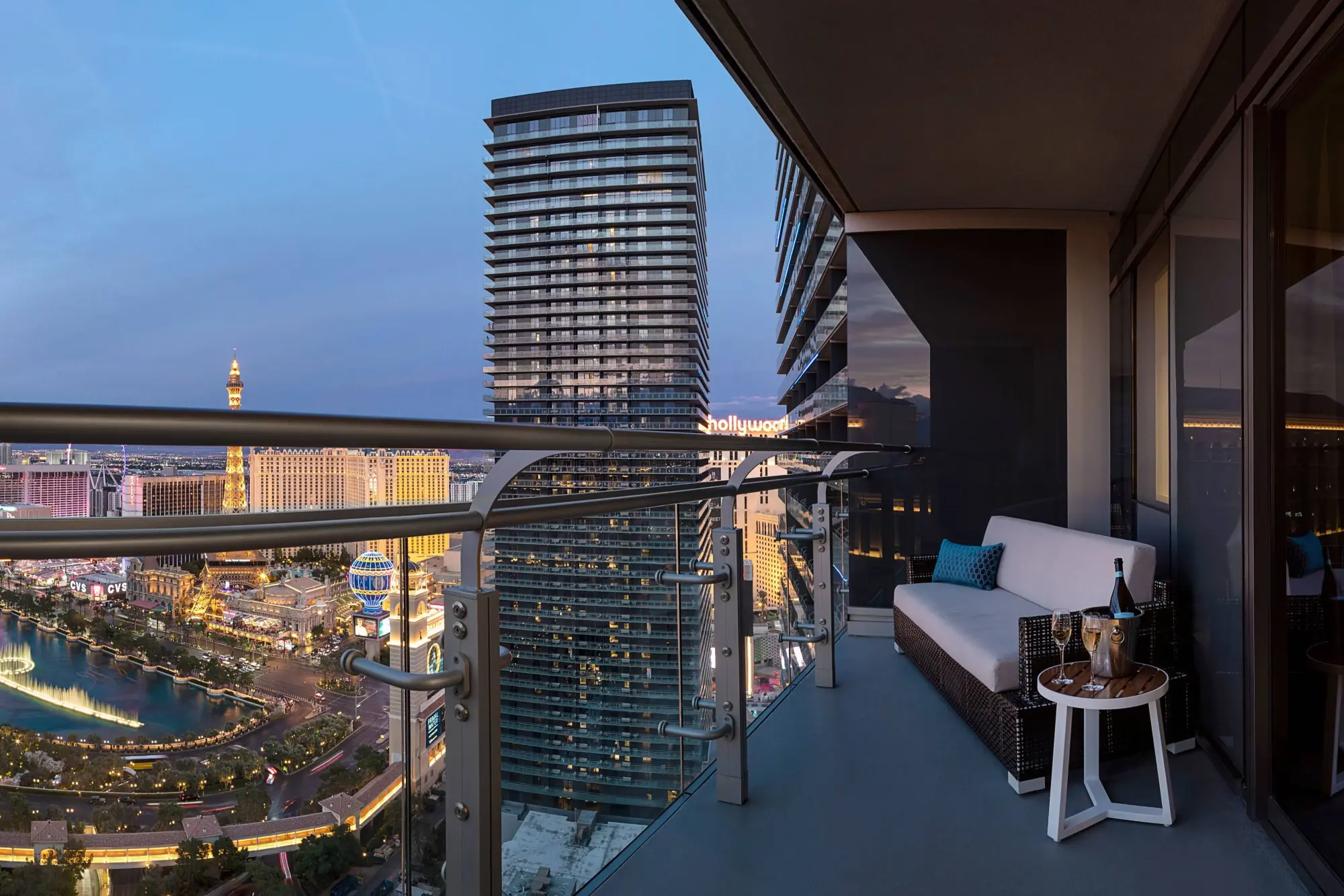 From a chic balcony, Paris Las Vegas, Bellagio's fountains, and more iconic Strip landmarks are visible