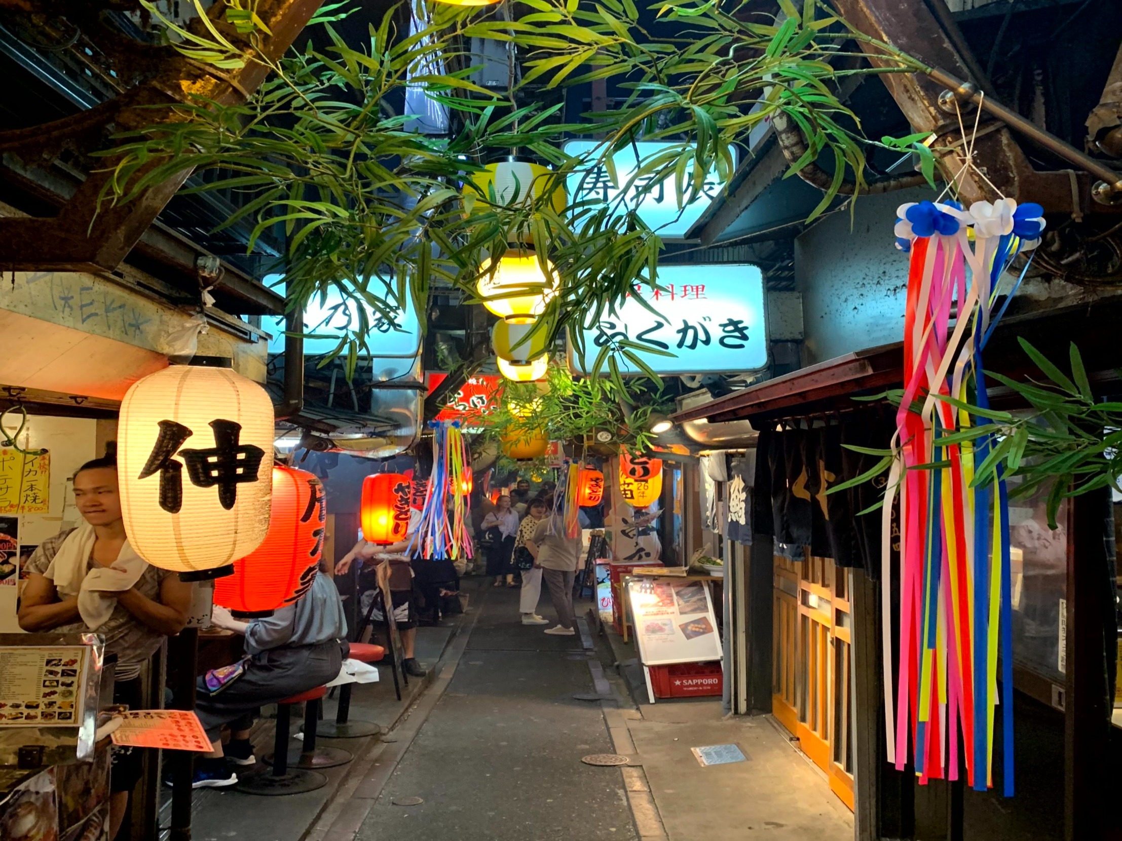 A bustling alley of shops and eateries under a canopy of colorful lights, greenery and lanterns.