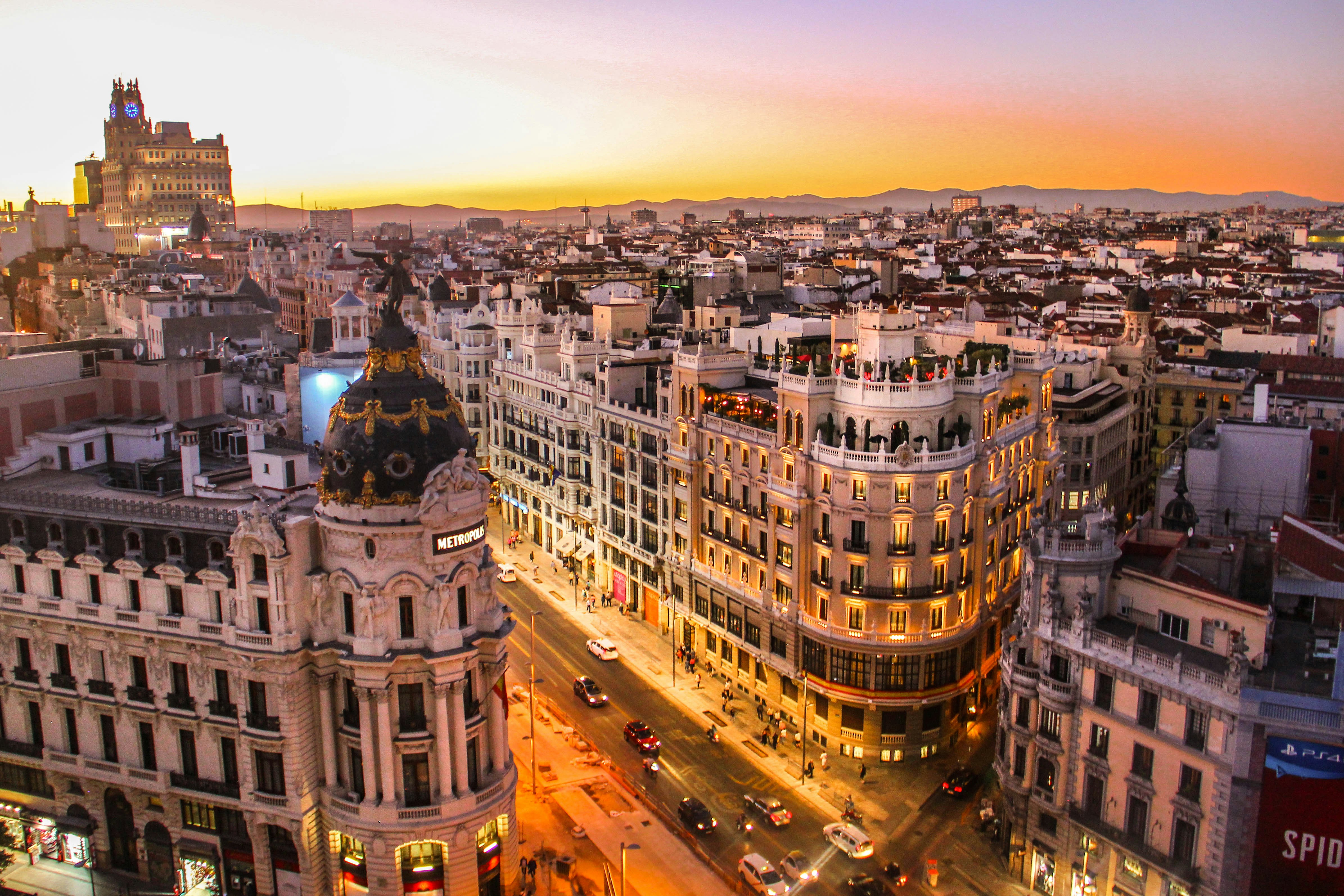 The Madrid skyline at sunset from above.