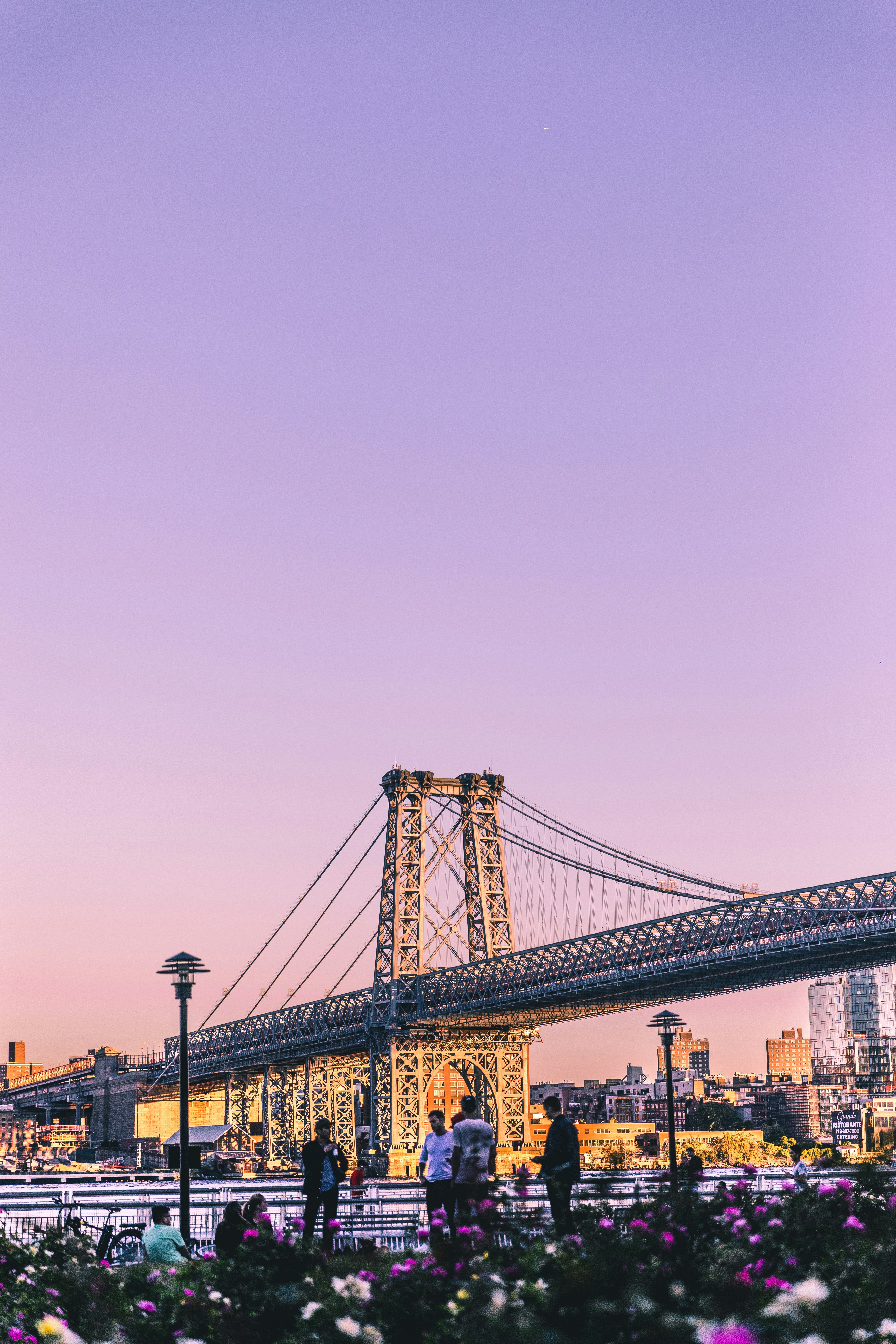 A view of bridge in NYC against a pink and purple sky