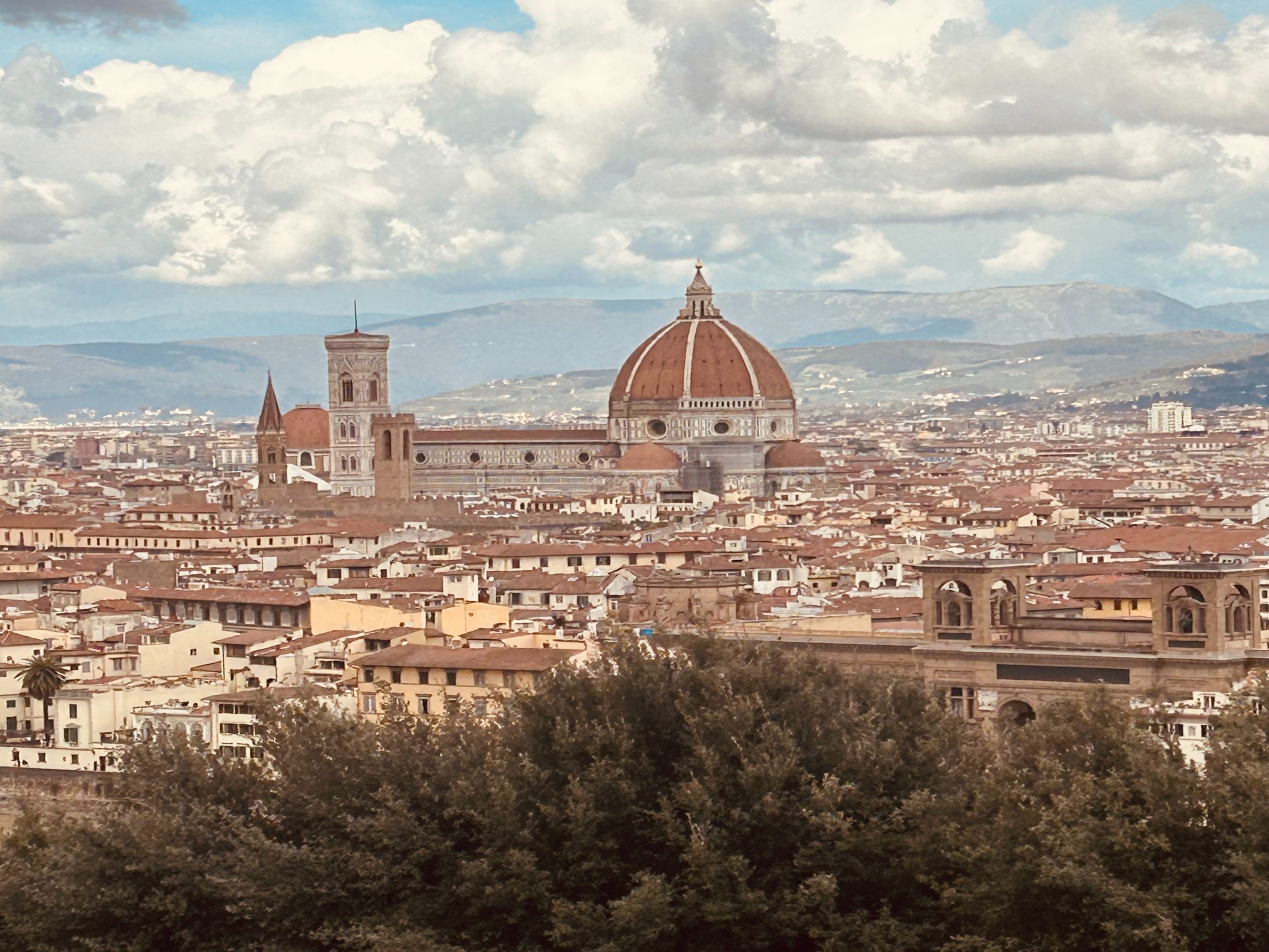 The image captures a breathtaking view of Florence, highlighting the majestic Cathedral amidst a historic cityscape under a cloudy sky.