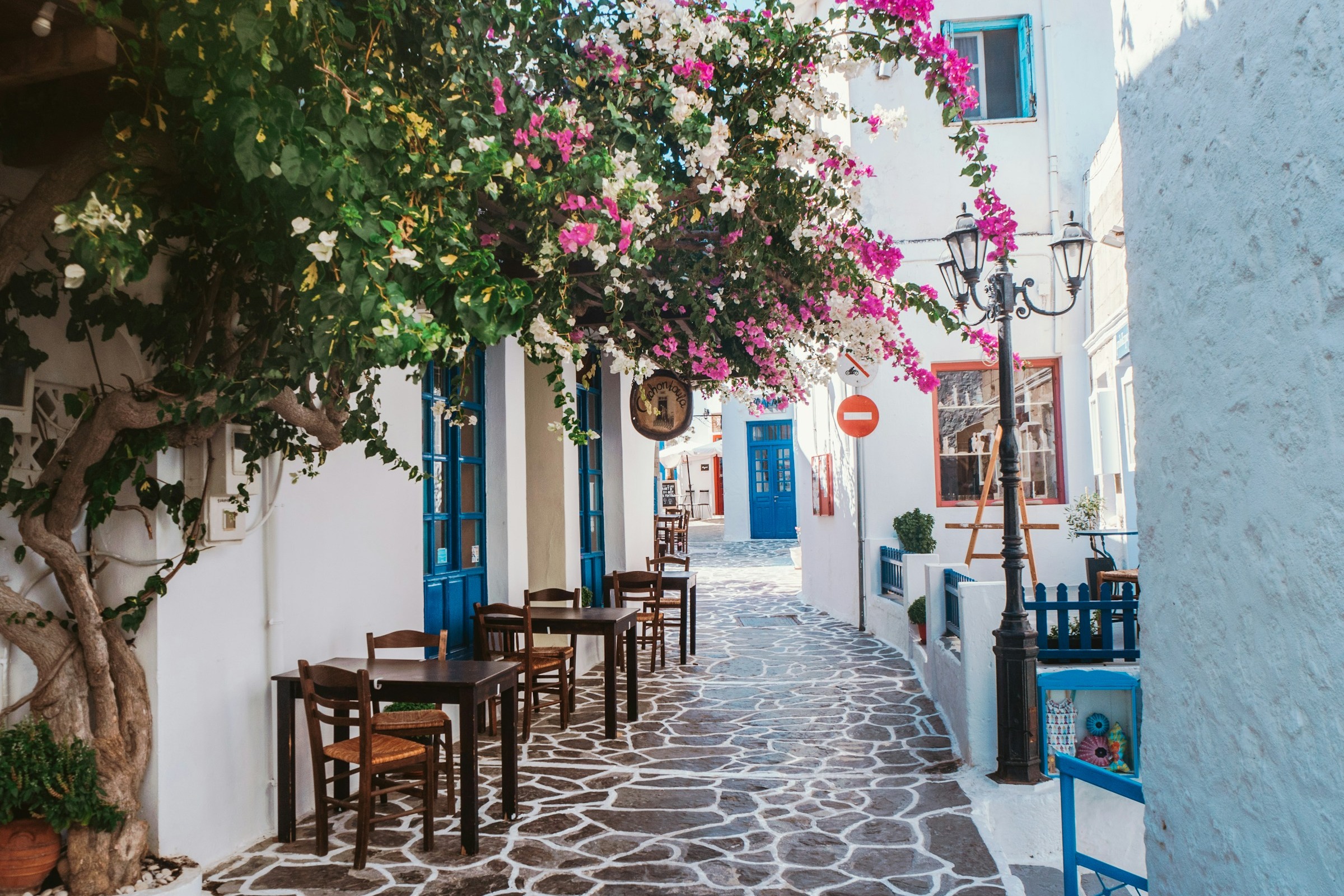 White building, blue doors and pink flowers adorn this restaurant in Milos.