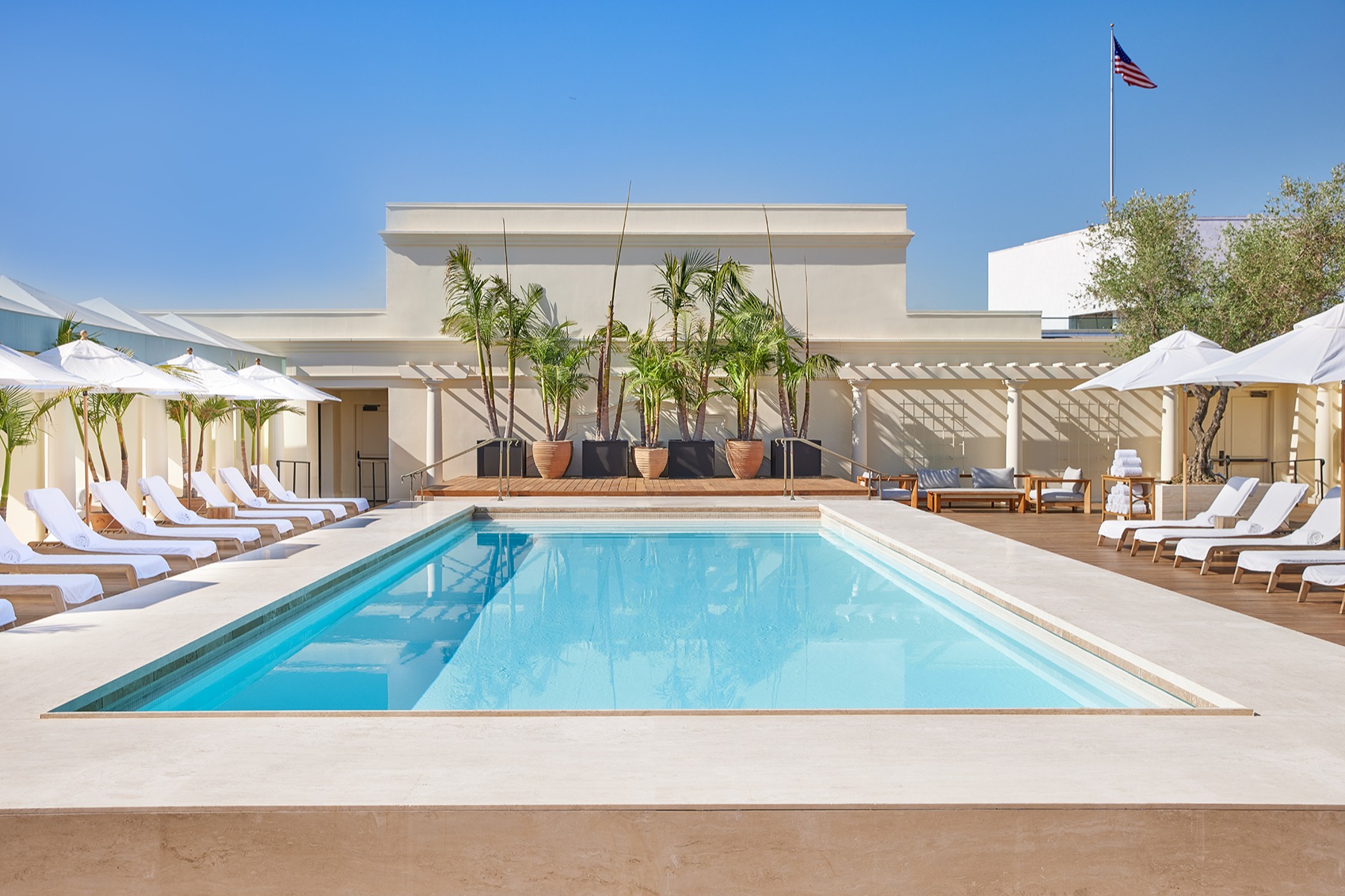 rooftop pool flanked by white loungers under a blue sky
