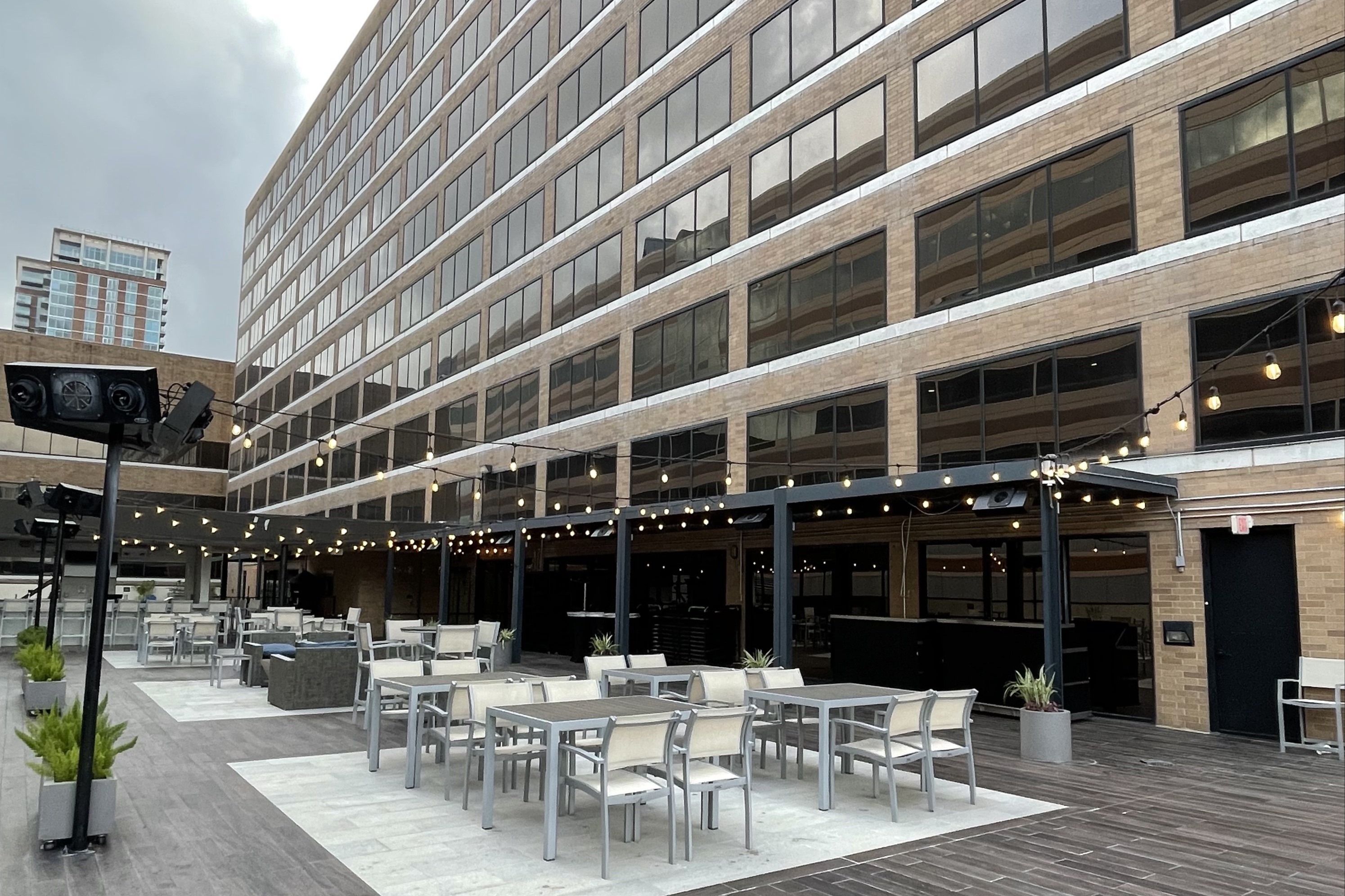 An outdoor dining area at the hotel during the daytime