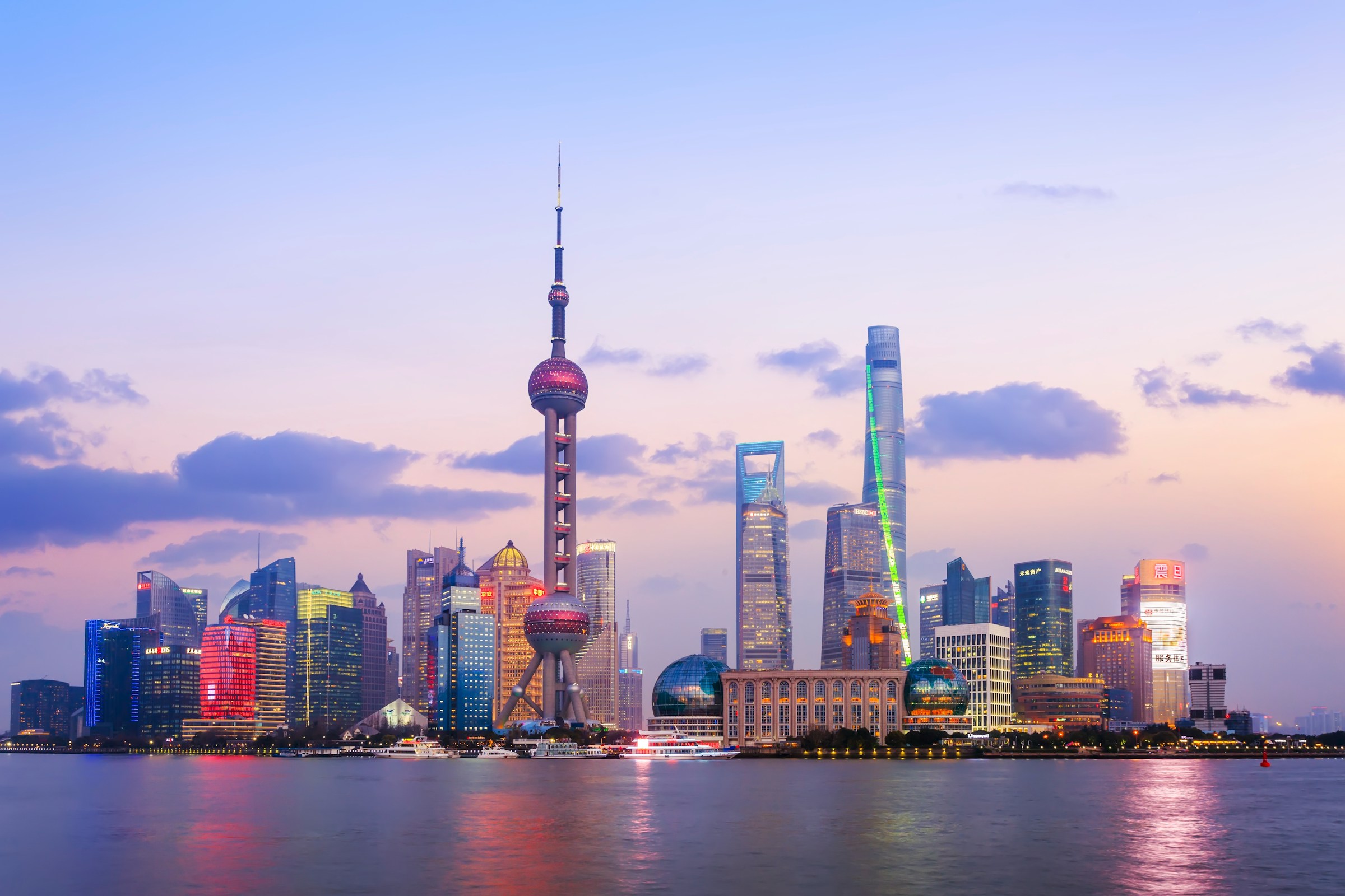 Tall buildings and towers can be seen at The Bund, Shanghai.