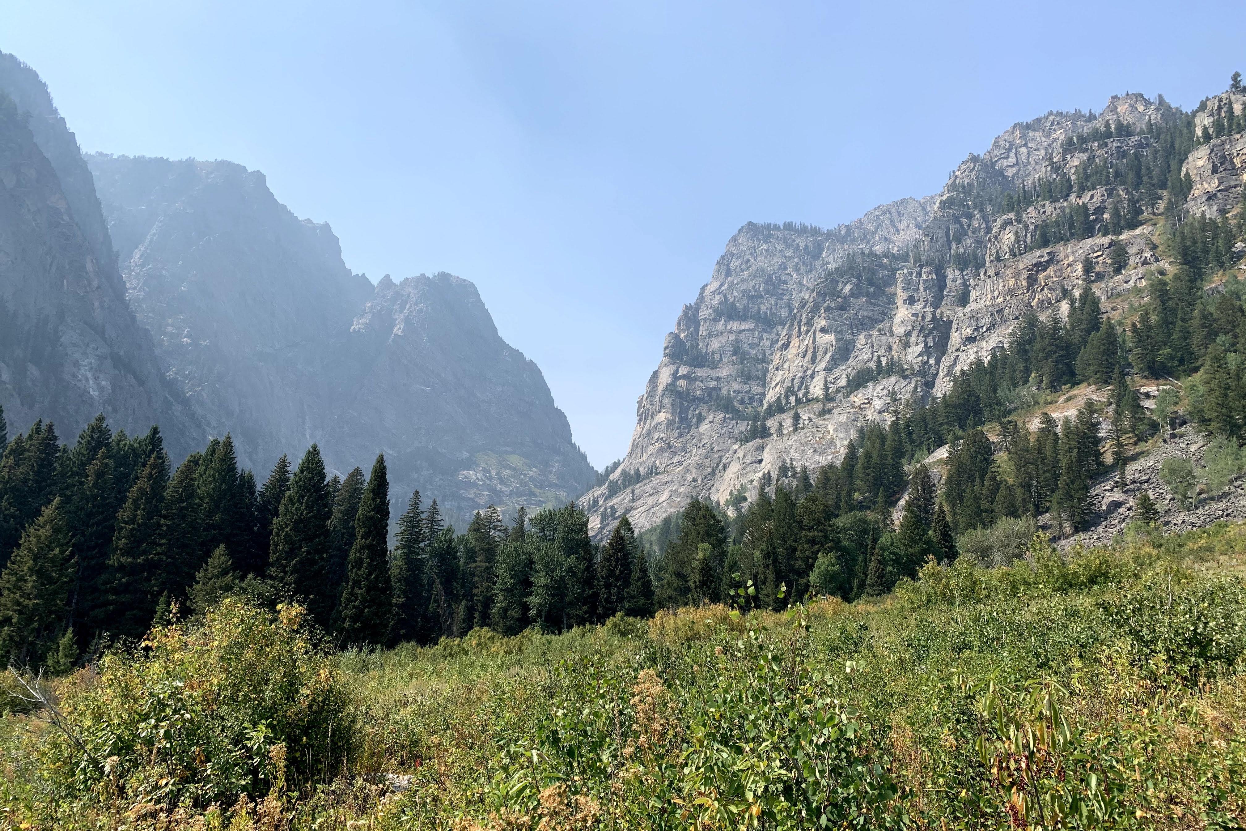 A mountainous landscape, accentuated by lush greenery and a clear, slightly hazy sky.