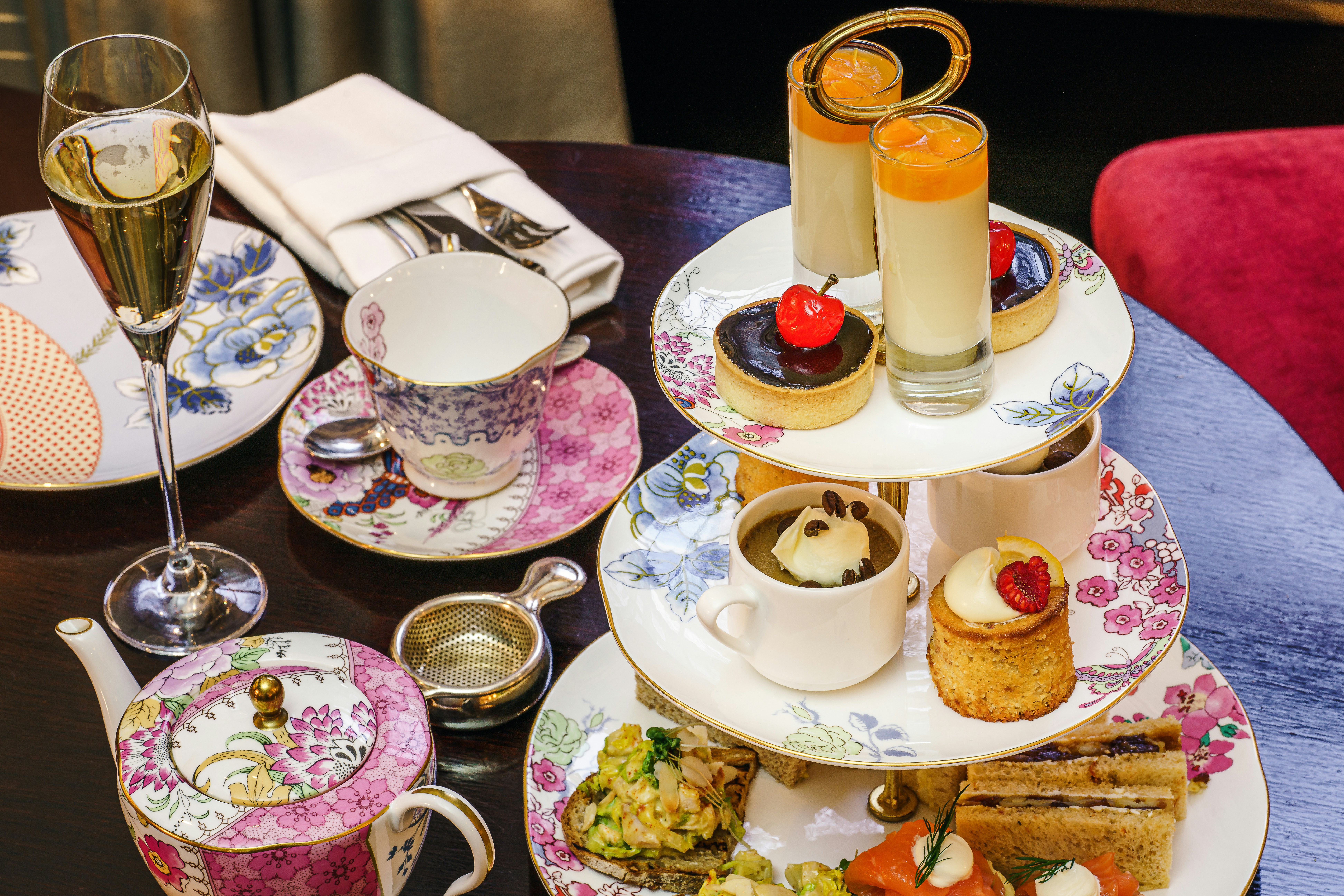 Afternoon tea with delicious pastries and treats.