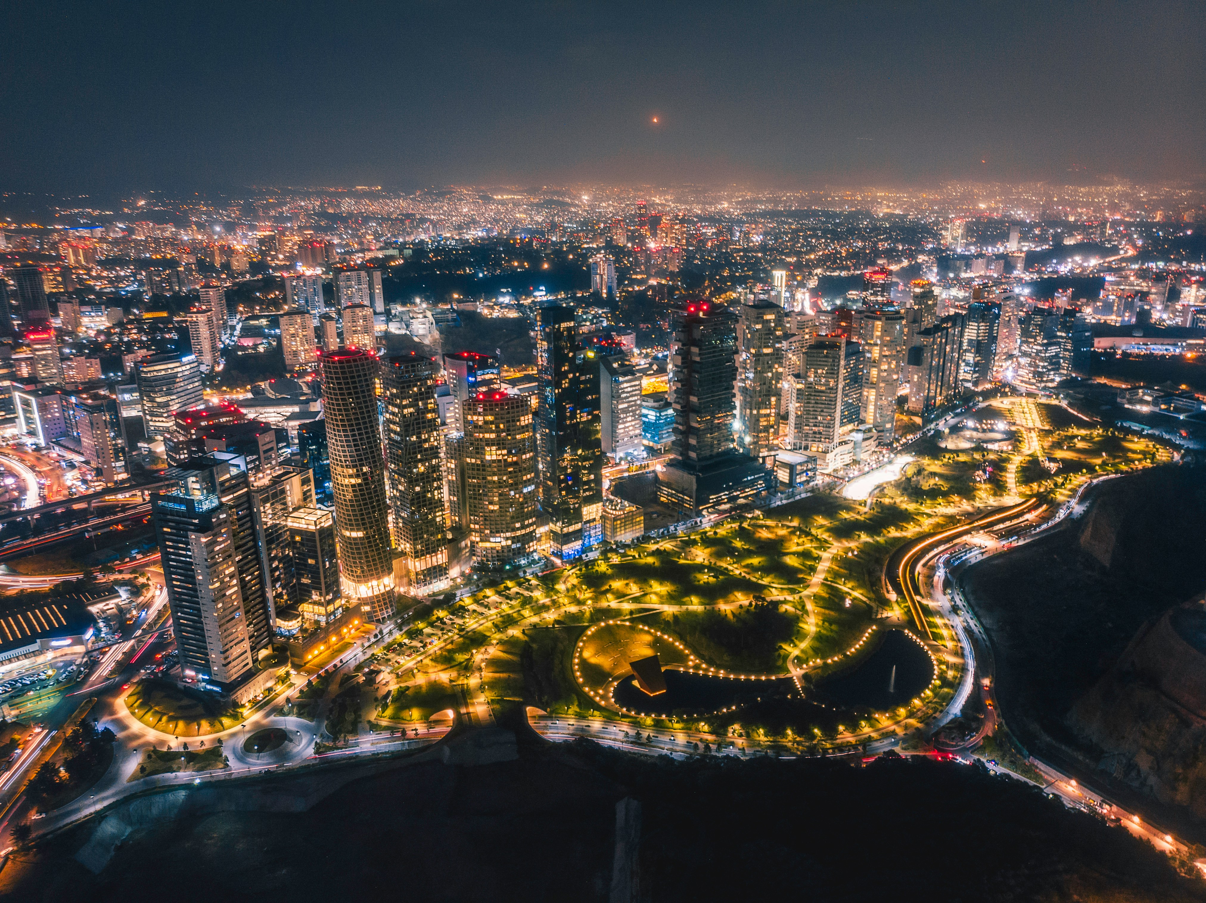 The Mexico City skyline at night as seen from above.