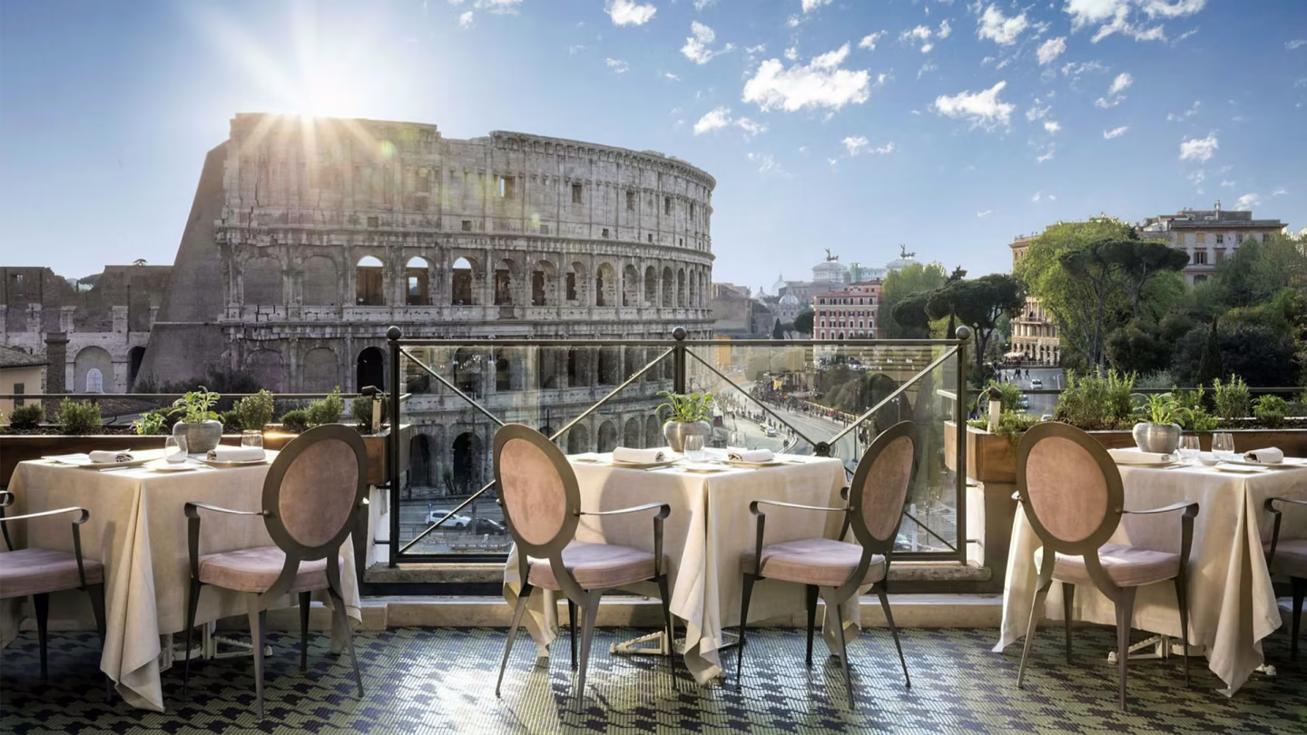 restaurant in front of an ancient building in Rome