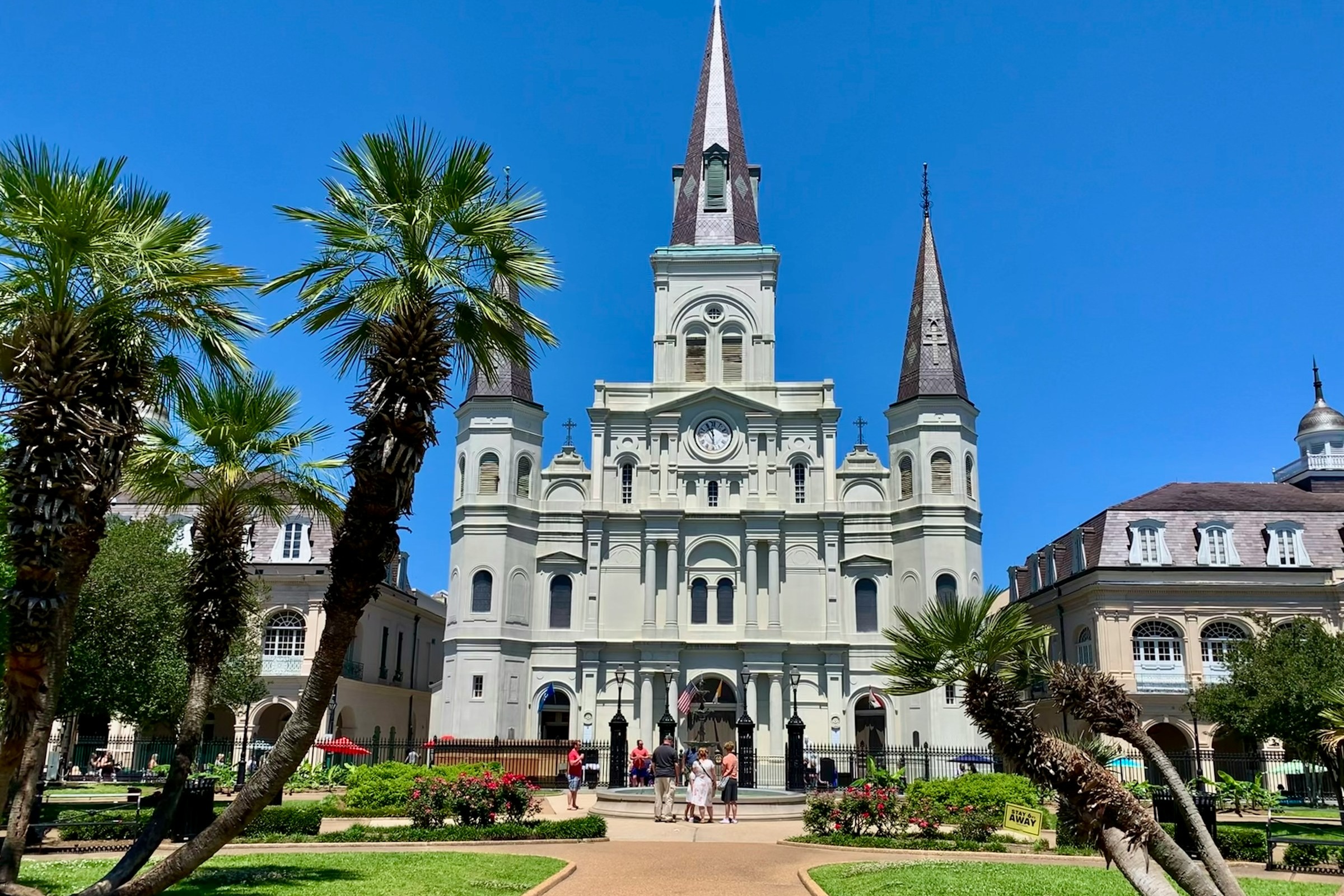 Jackson Square is an iconic historical square in New Orleans where you can see St. Louis Cathedral.
