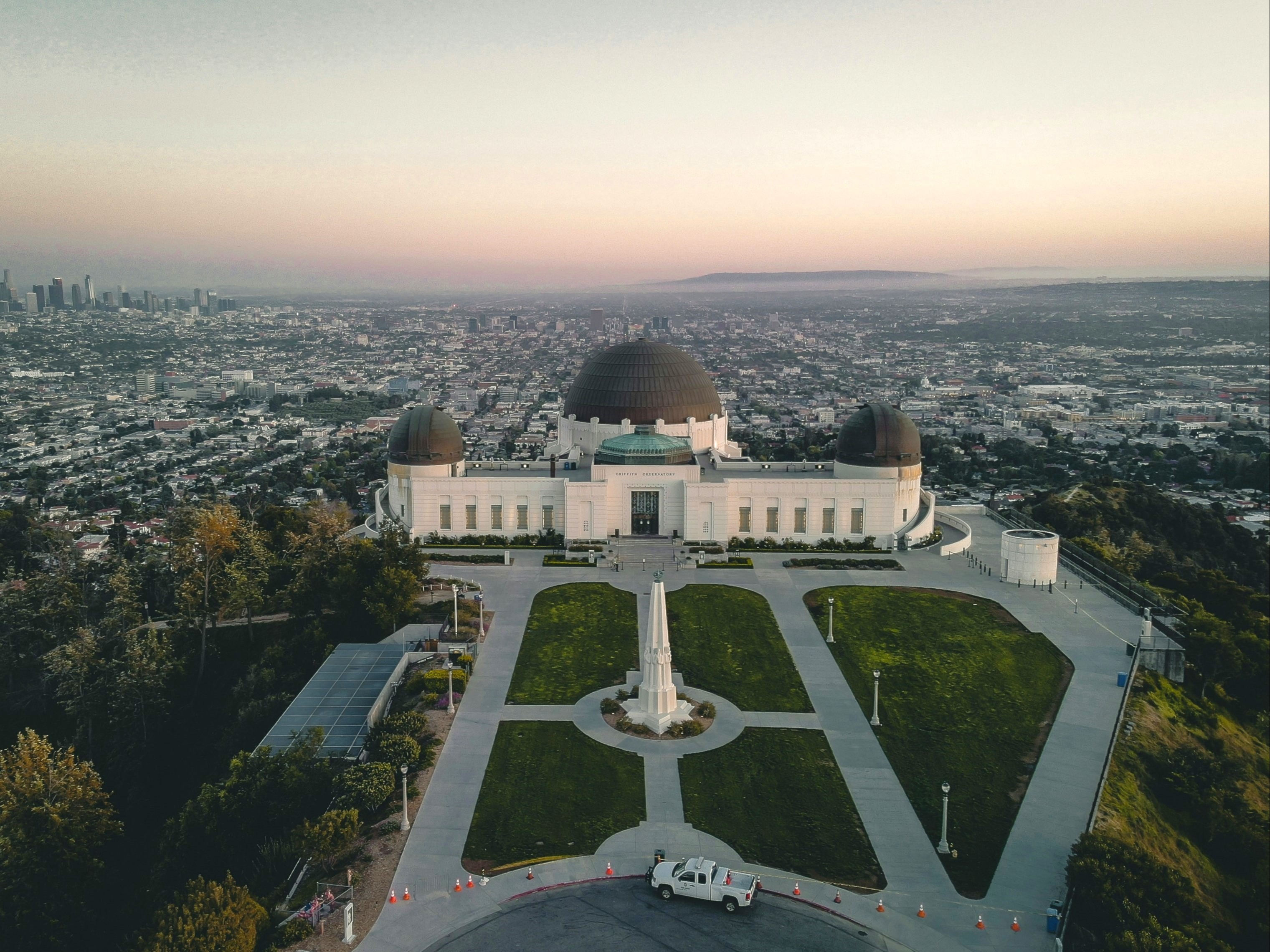 An aerial picture of Griffith Park in Los Angeles California during sunset.