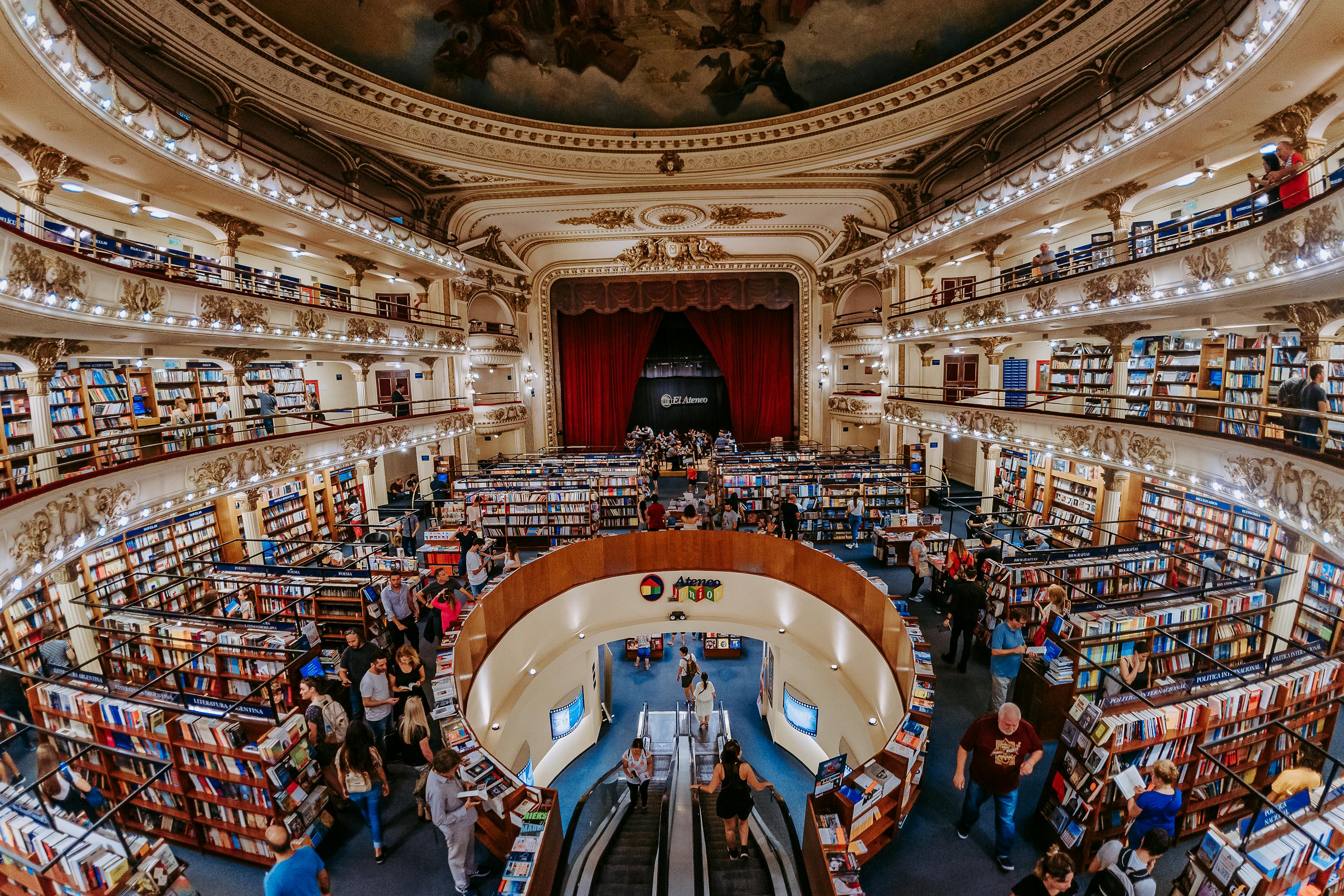 El Ateneo Grand Splendid is a majestic bookstore housed within a former theater, blending literature with architectural grandeur.
